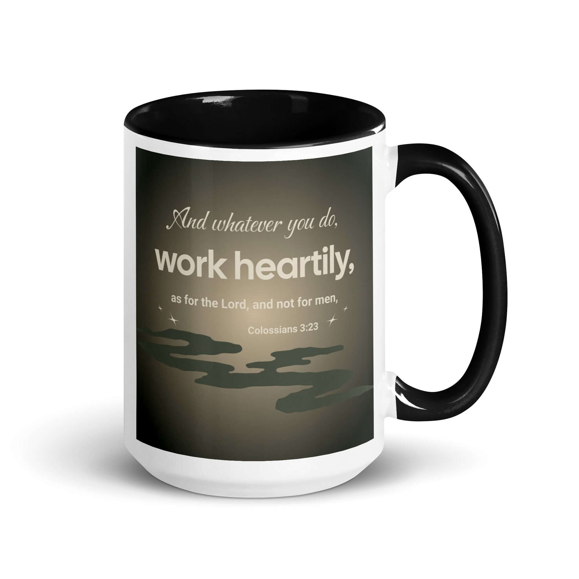 Colossians 3:23 Bible Verse, as for the Lord White Ceramic Mug with Color Inside Black 15 oz