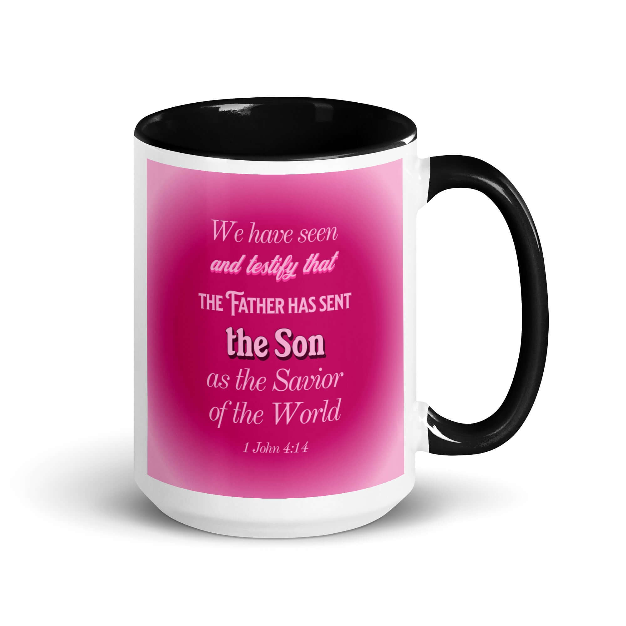 1 John 4:14 Bible Verse, that the Father White Ceramic Mug with Color Inside Black 15 oz