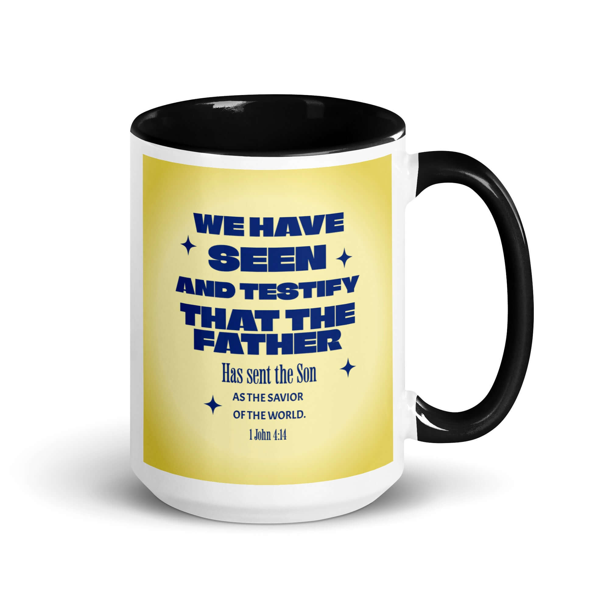 1 John 4:14 Bible Verse, Savior of the world White Ceramic Mug with Color Inside Black 15 oz