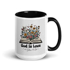 1 John 4:8 Bible Verse, God is Love White Ceramic Mug with Color Inside Black 15 oz