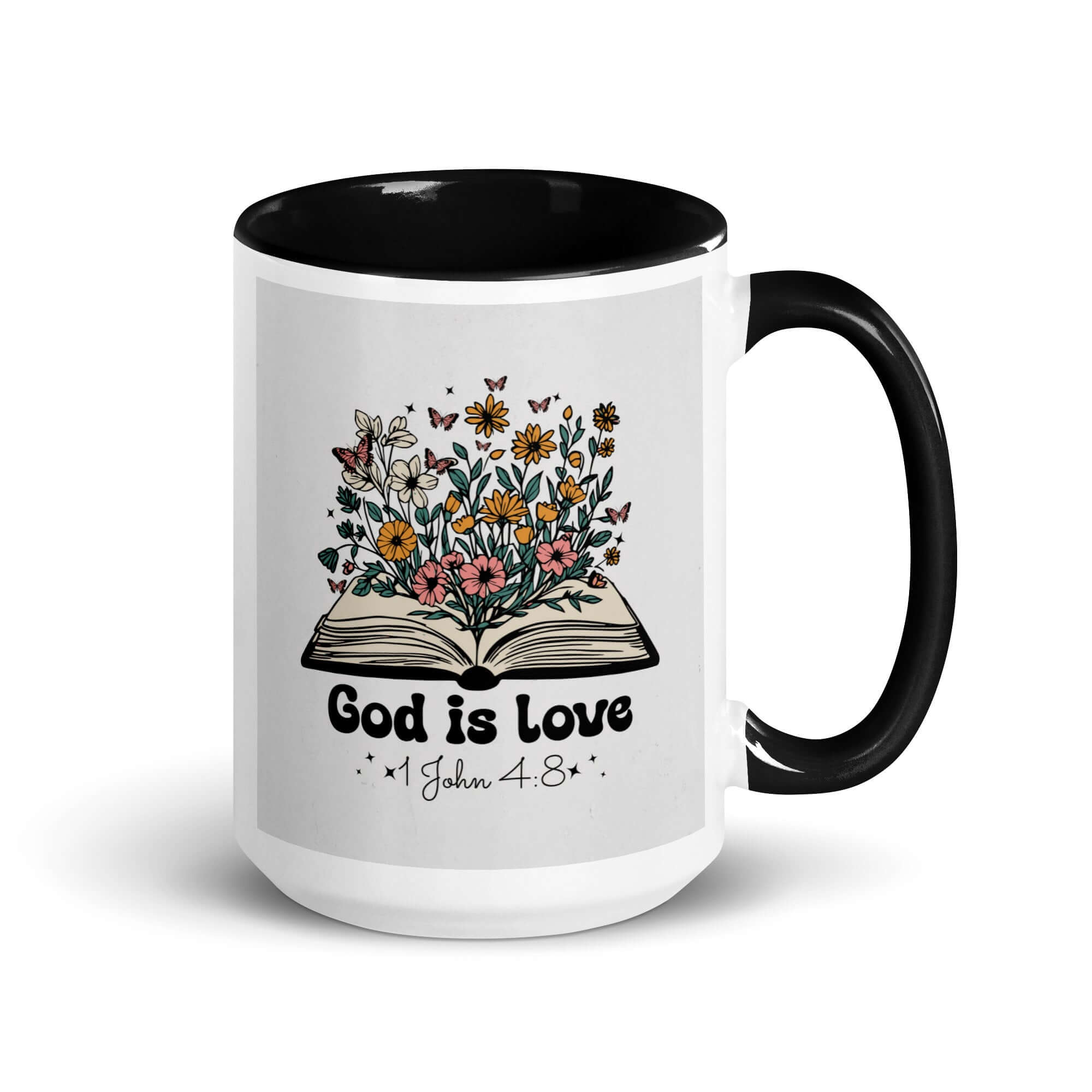 1 John 4:8 Bible Verse, God is Love White Ceramic Mug with Color Inside Black 15 oz
