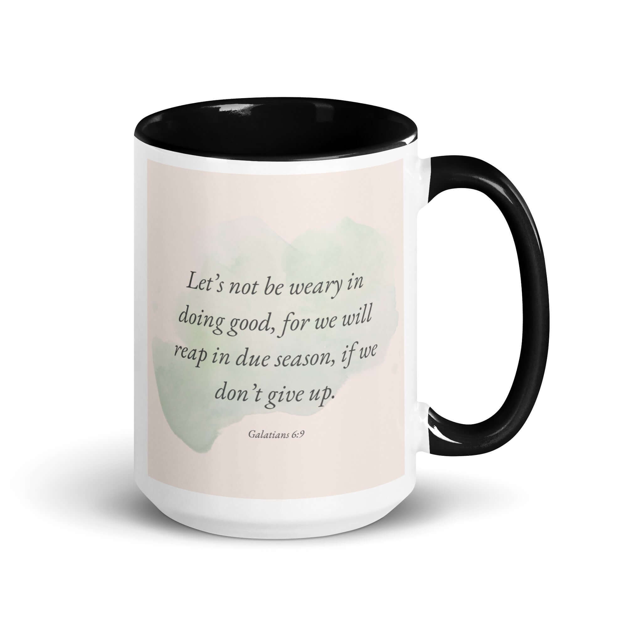 Galatians 6:9 Bible Verse, not be weary White Ceramic Mug with Color Inside Black 15 oz