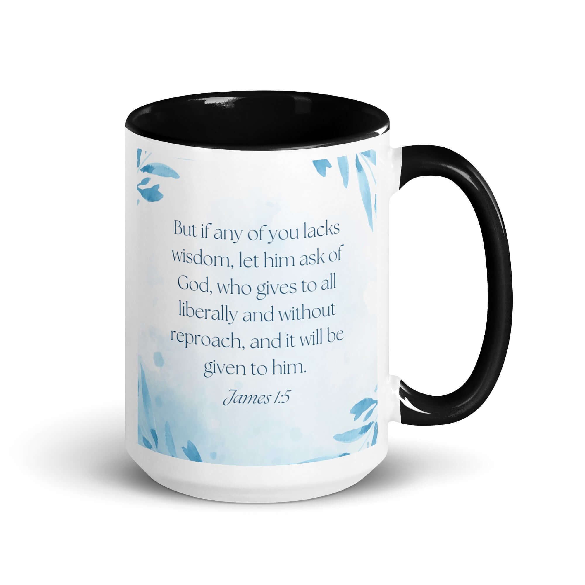James 1:5 Bible Verse, lacks wisdom White Ceramic Mug with Color Inside Black 15 oz