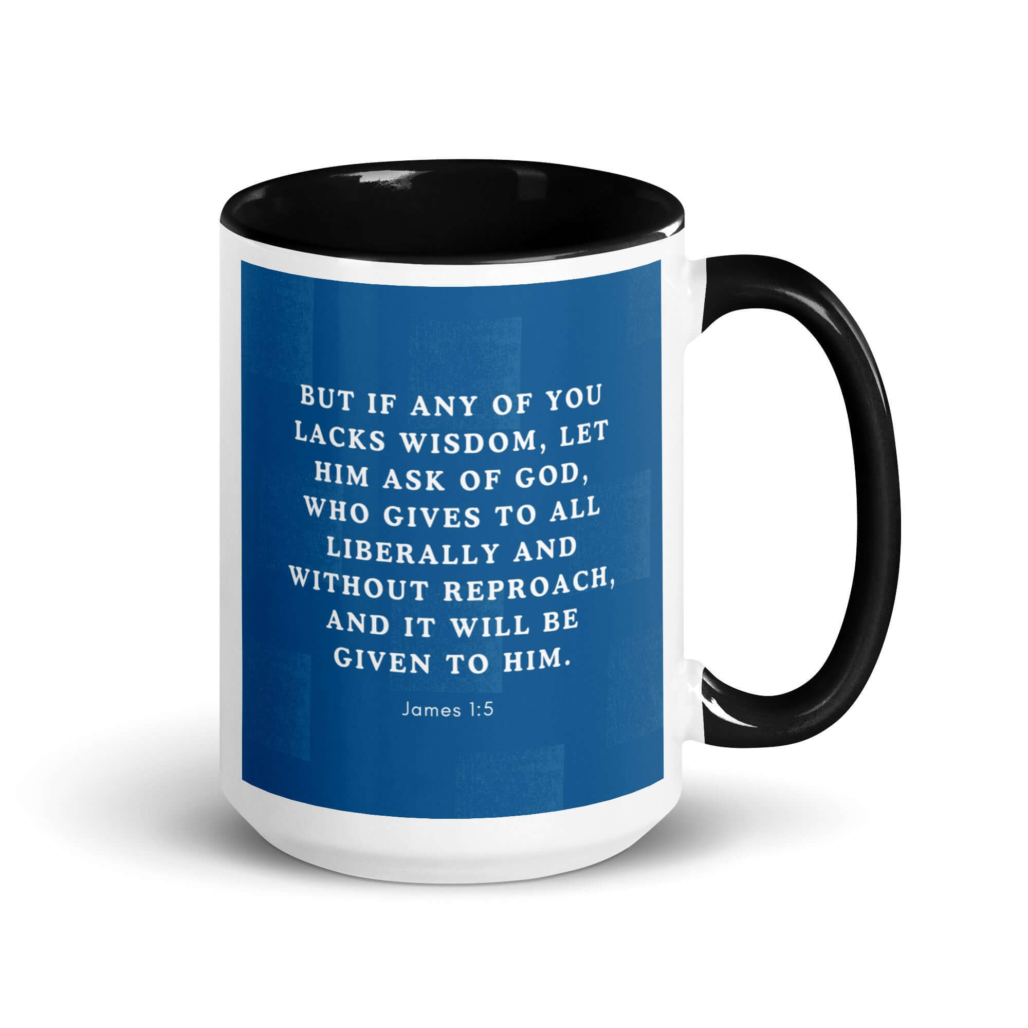 James 1:5 Bible Verse, gives to all White Ceramic Mug with Color Inside Black 15 oz