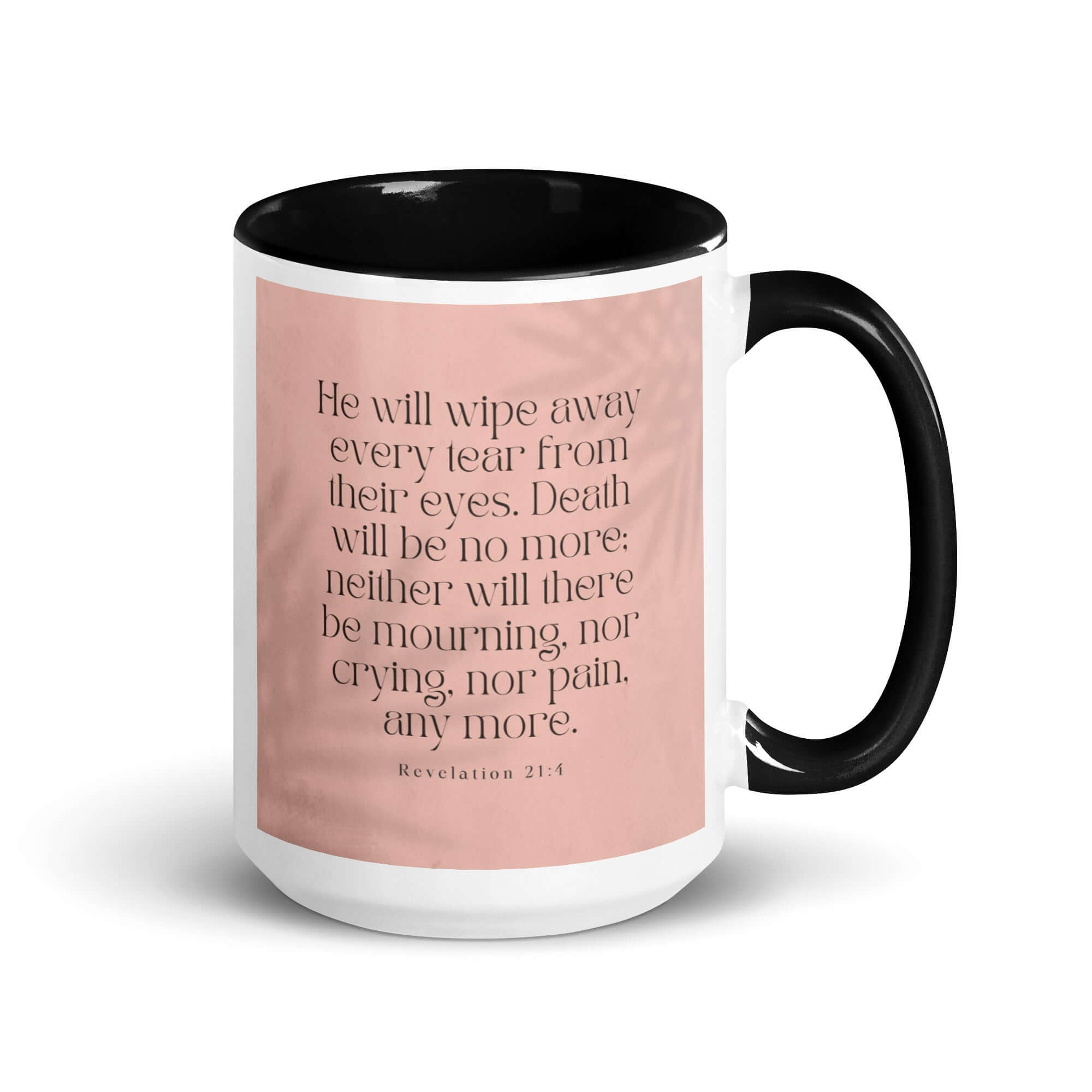 Revelation 21:4 Bible Verse, their eyes White Ceramic Mug with Color Inside Black 15 oz