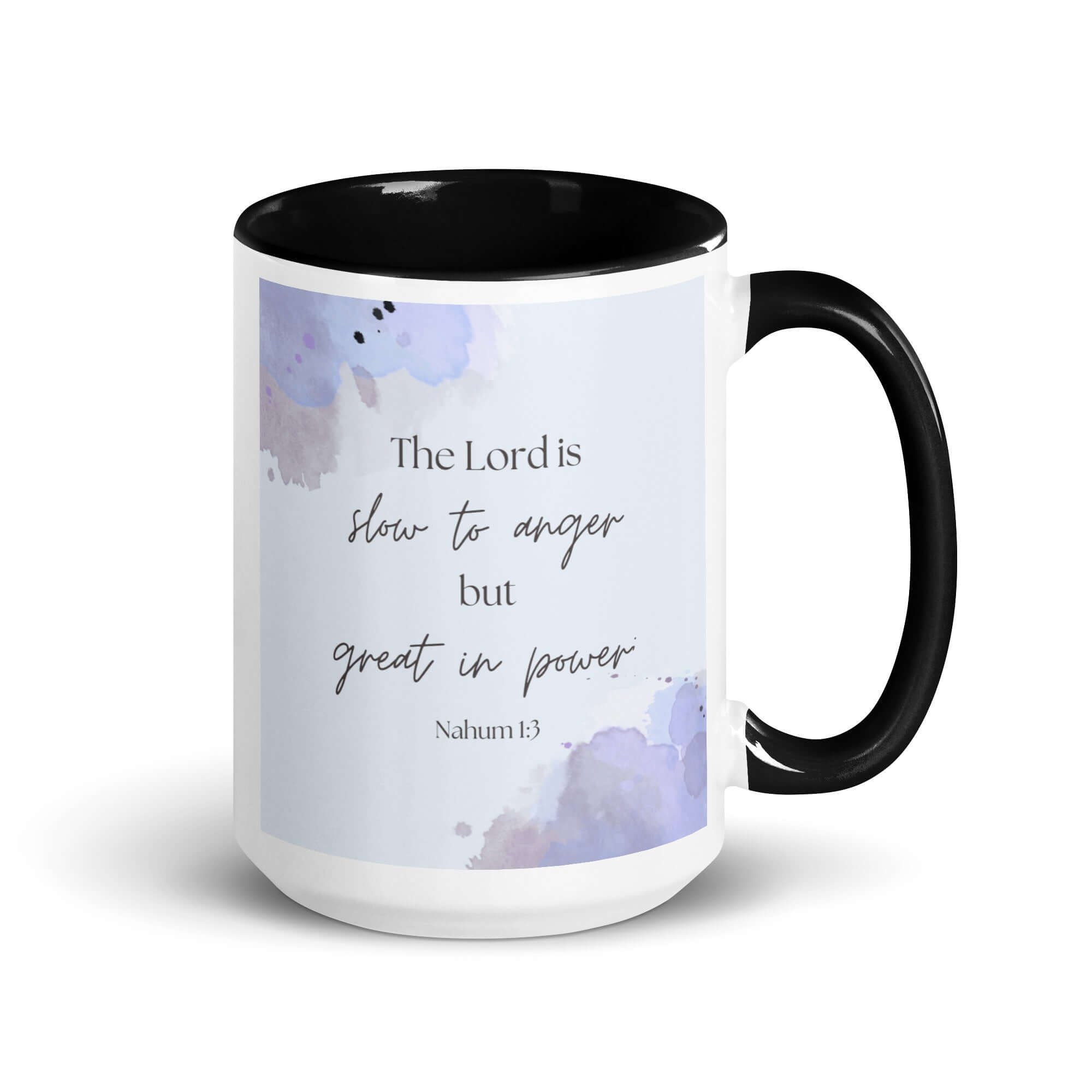 Nahum 1:3 Bible Verse, great in power White Ceramic Mug with Color Inside Black 15 oz