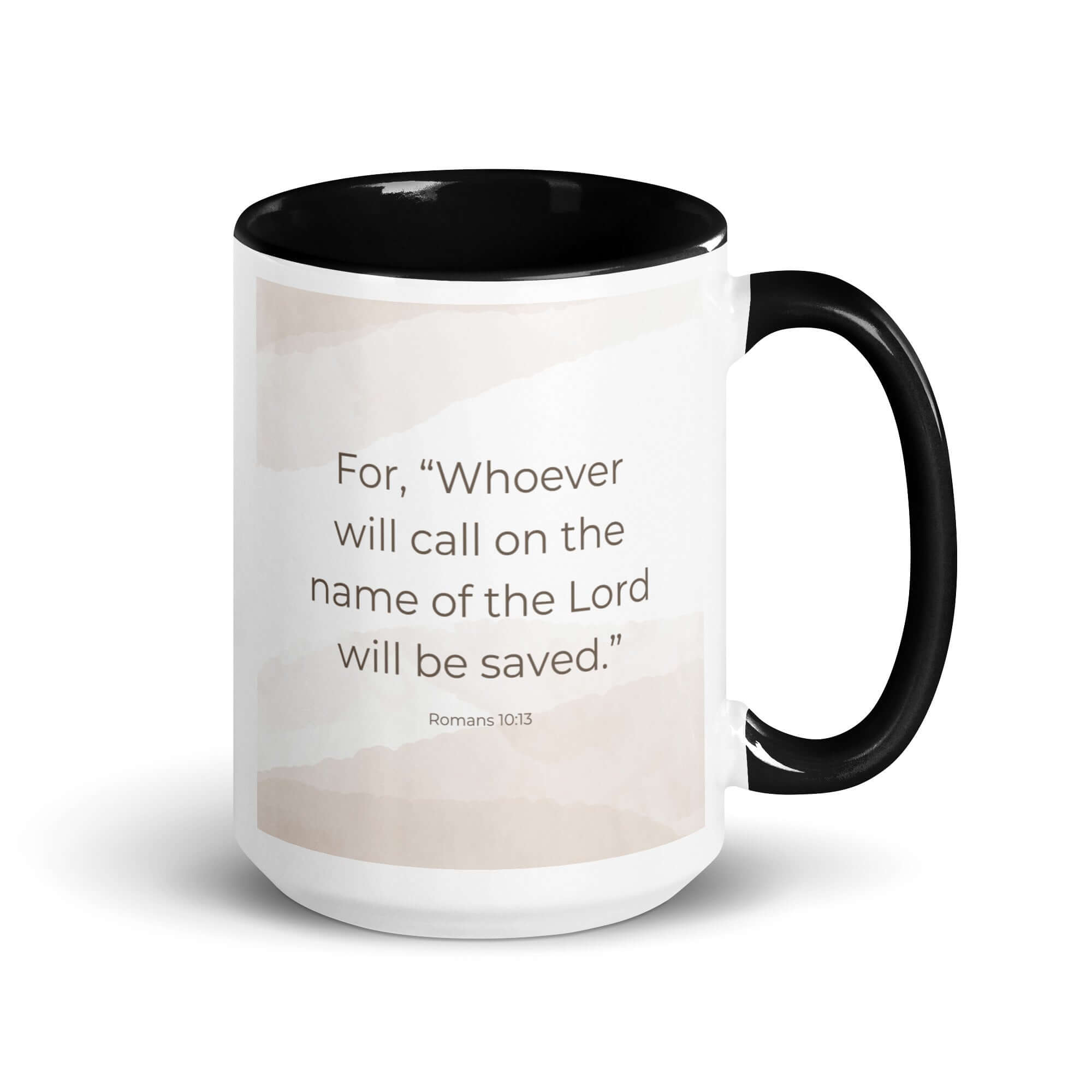Romans 10:13 Bible Verse, the name White Ceramic Mug with Color Inside Black 15 oz