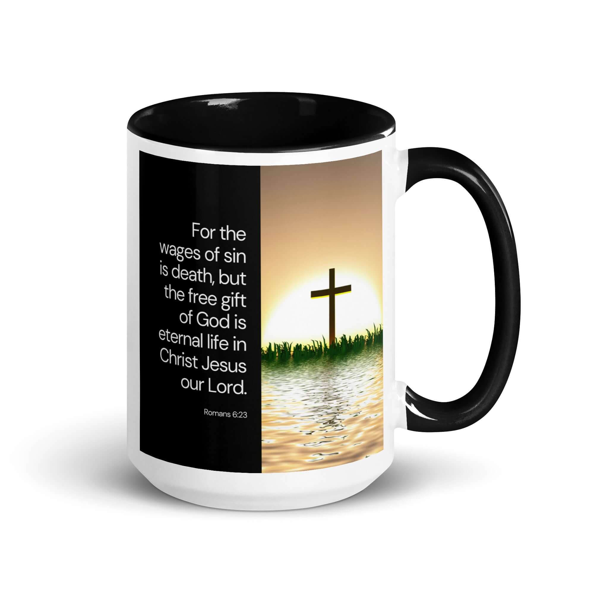 Romans 6:23 Bible Verse, the wages White Ceramic Mug with Color Inside Black 15 oz