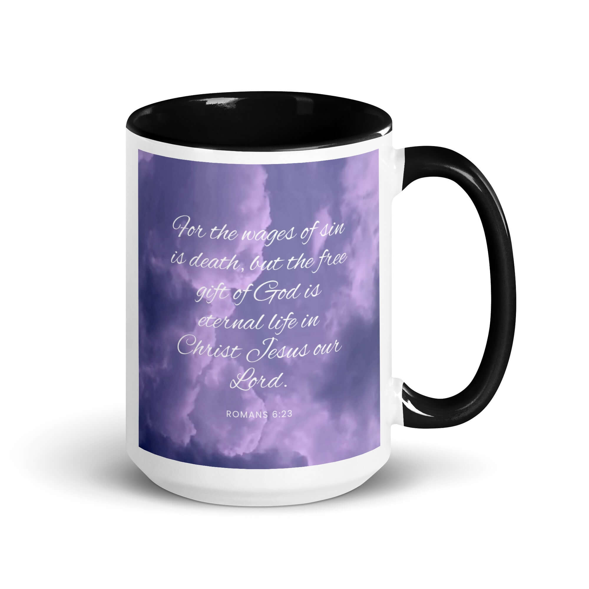 Romans 6:23 Bible Verse, free gift White Ceramic Mug with Color Inside Black 15 oz