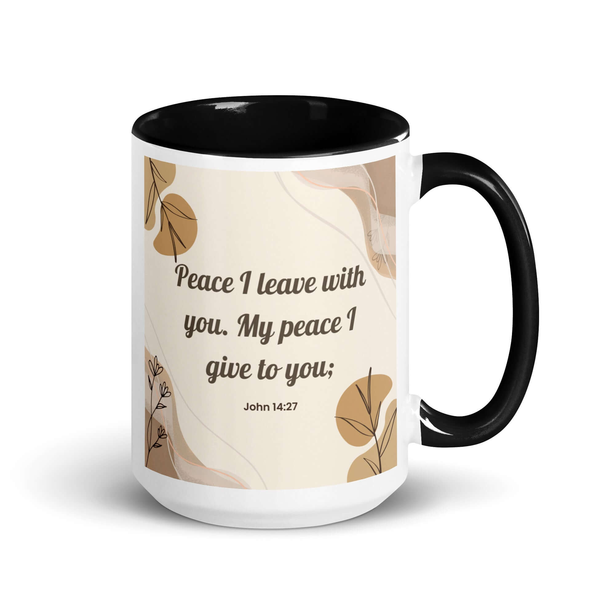 John 14:27 Bible Verse, Peace I White Ceramic Mug with Color Inside Black 15 oz
