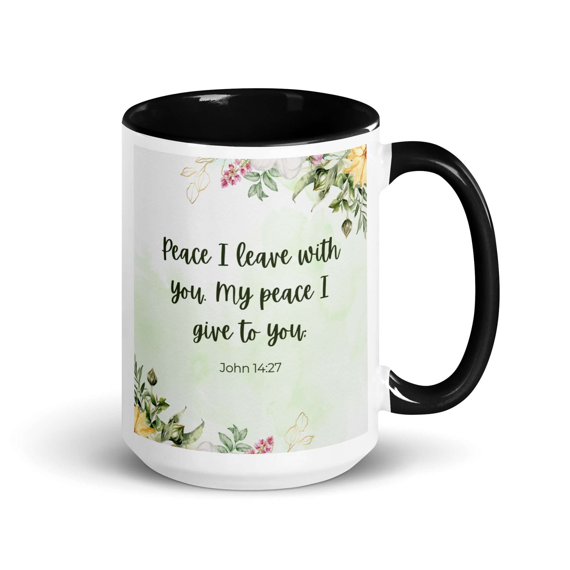 John 14:27 Bible Verse, My peace White Ceramic Mug with Color Inside Black 15 oz