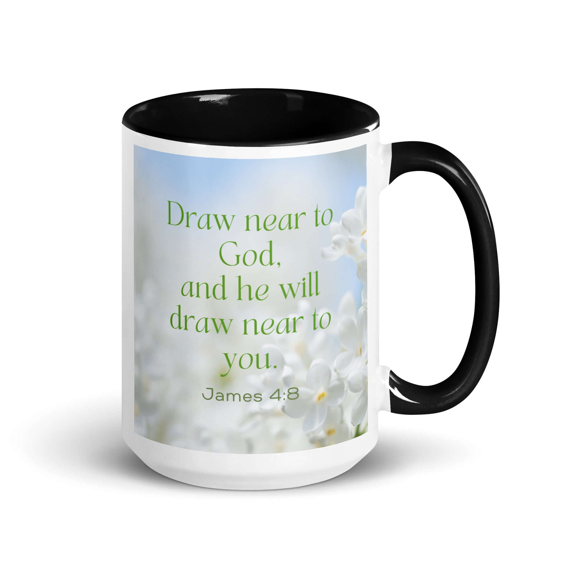 James 4:8 Bible Verse, Draw near White Ceramic Mug with Color Inside Black 15 oz