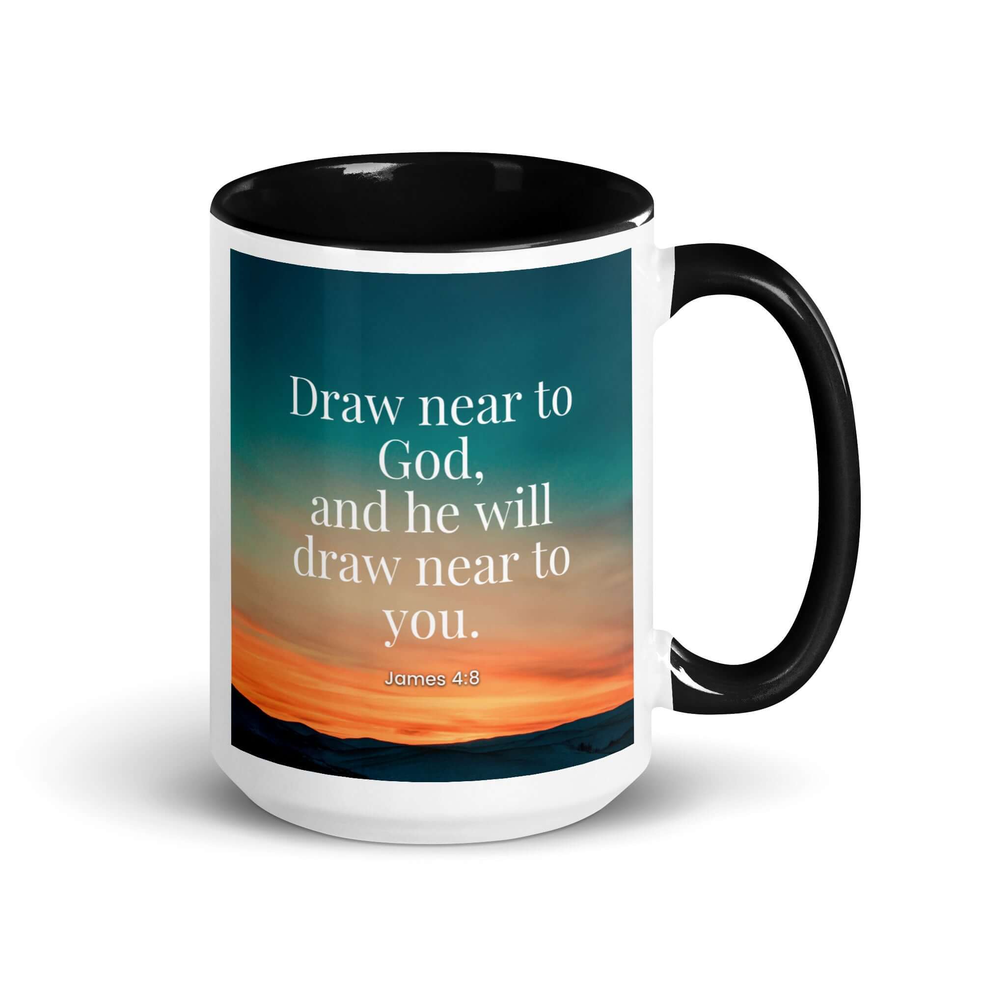 James 4:8 Bible Verse, near to God White Ceramic Mug with Color Inside Black 15 oz