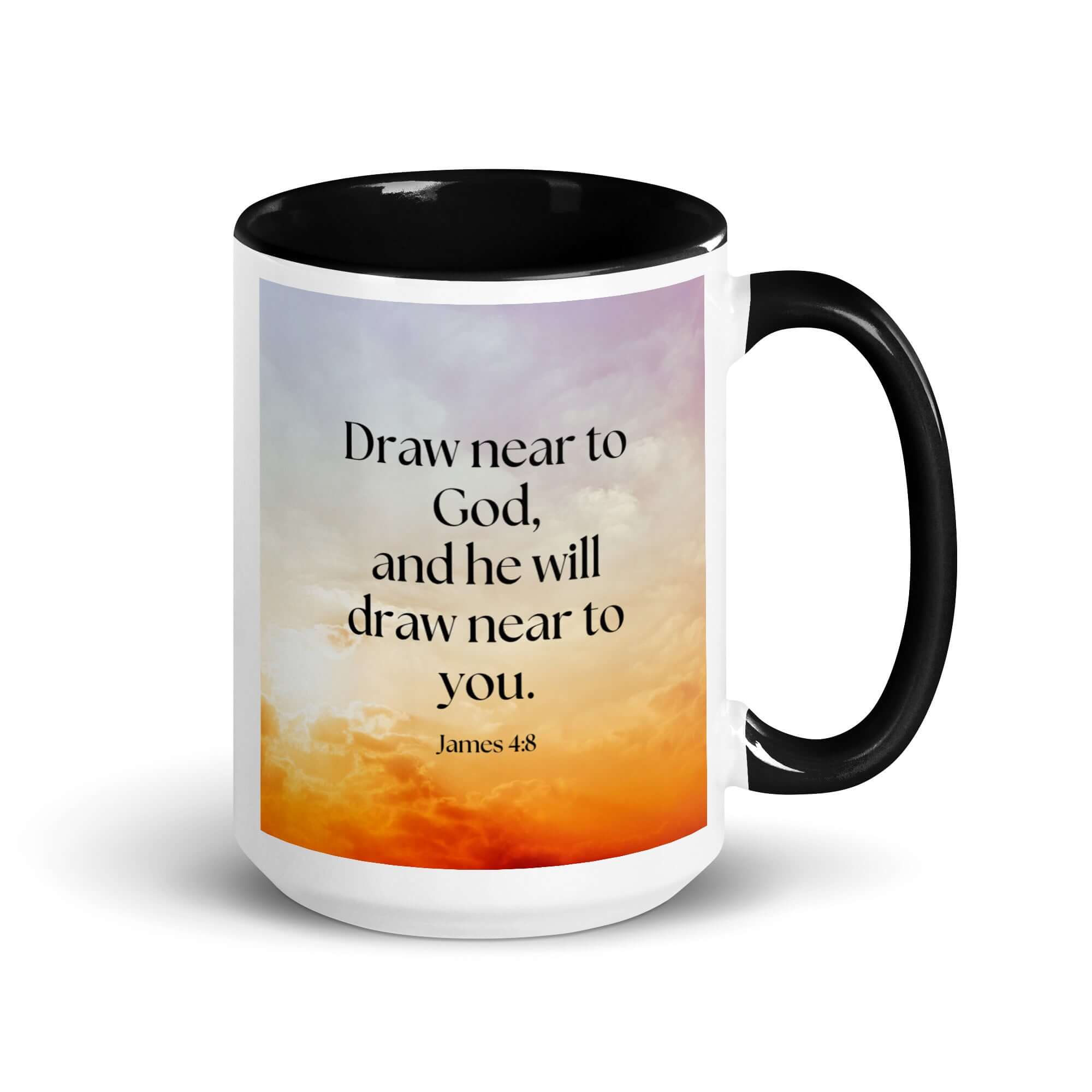 James 4:8 Bible Verse, he will draw White Ceramic Mug with Color Inside Black 15 oz