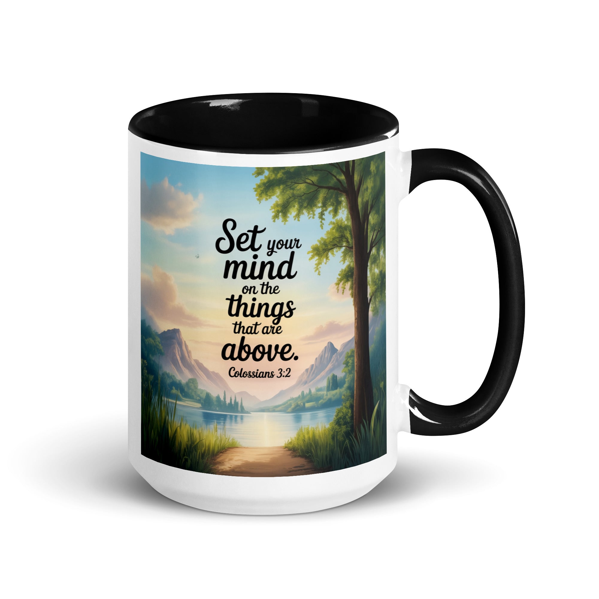Colossians 3:2 Bible Verse Set White Ceramic Mug with Color Inside Black 15 oz