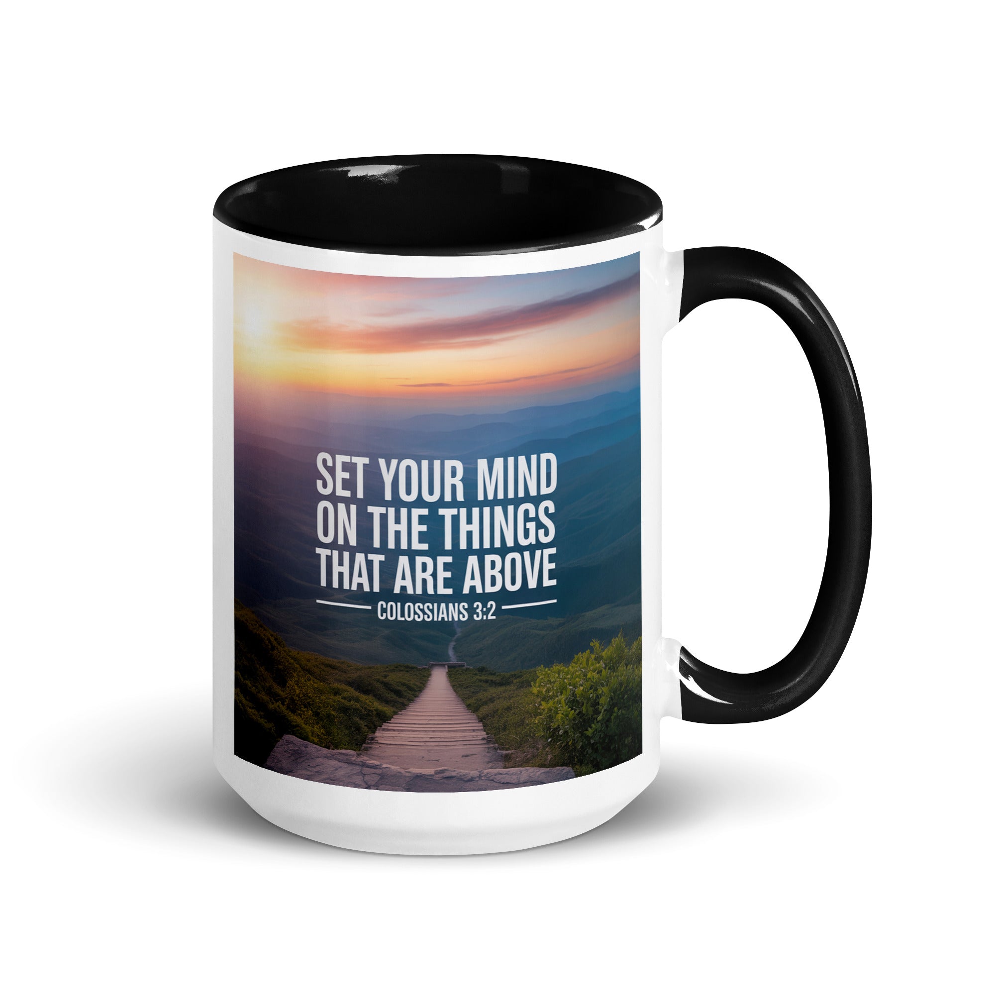 Colossians 3:2 Bible Verse your mind White Ceramic Mug with Color Inside Black 15 oz