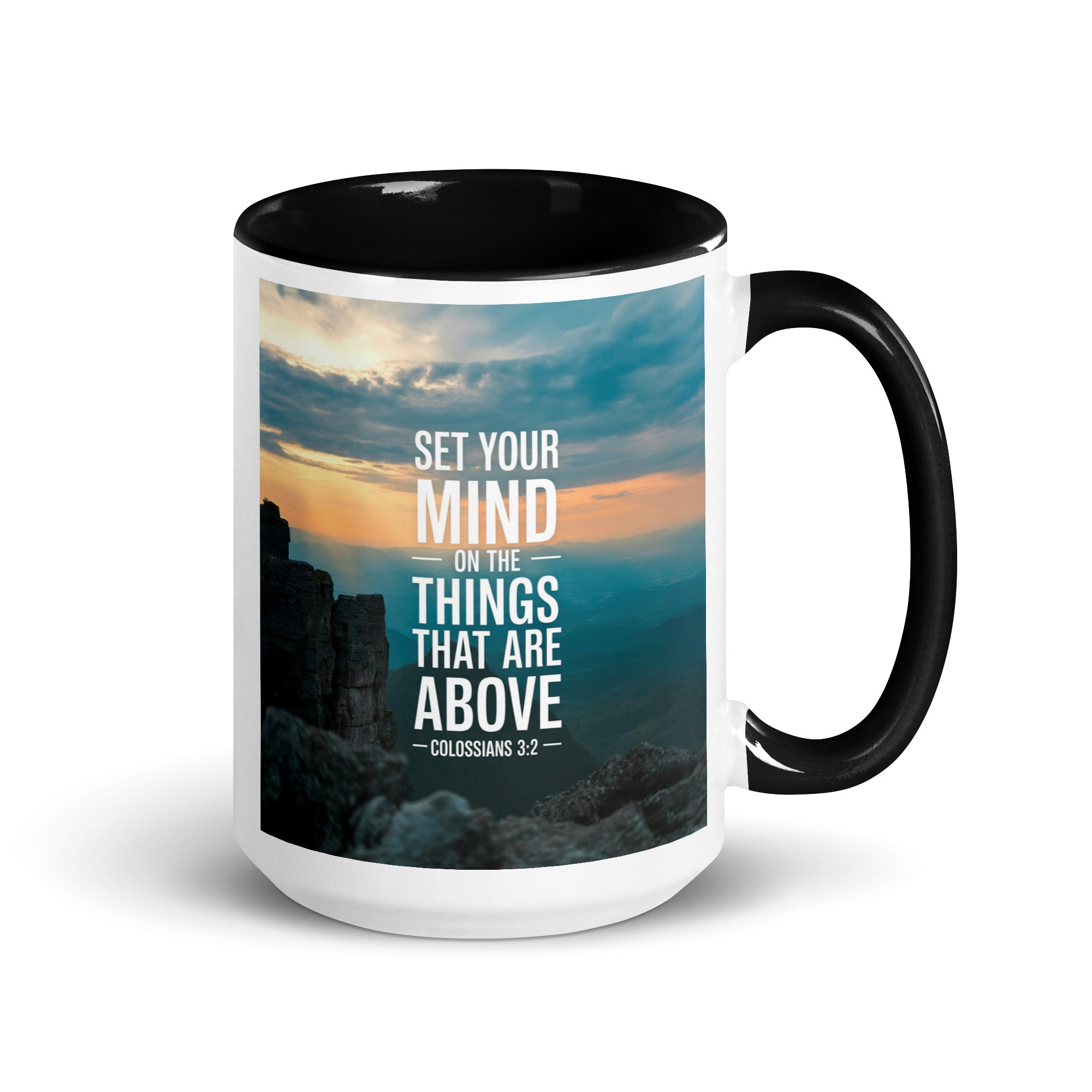 Colossians 3:2 Bible Verse on the White Ceramic Mug with Color Inside Black 15 oz