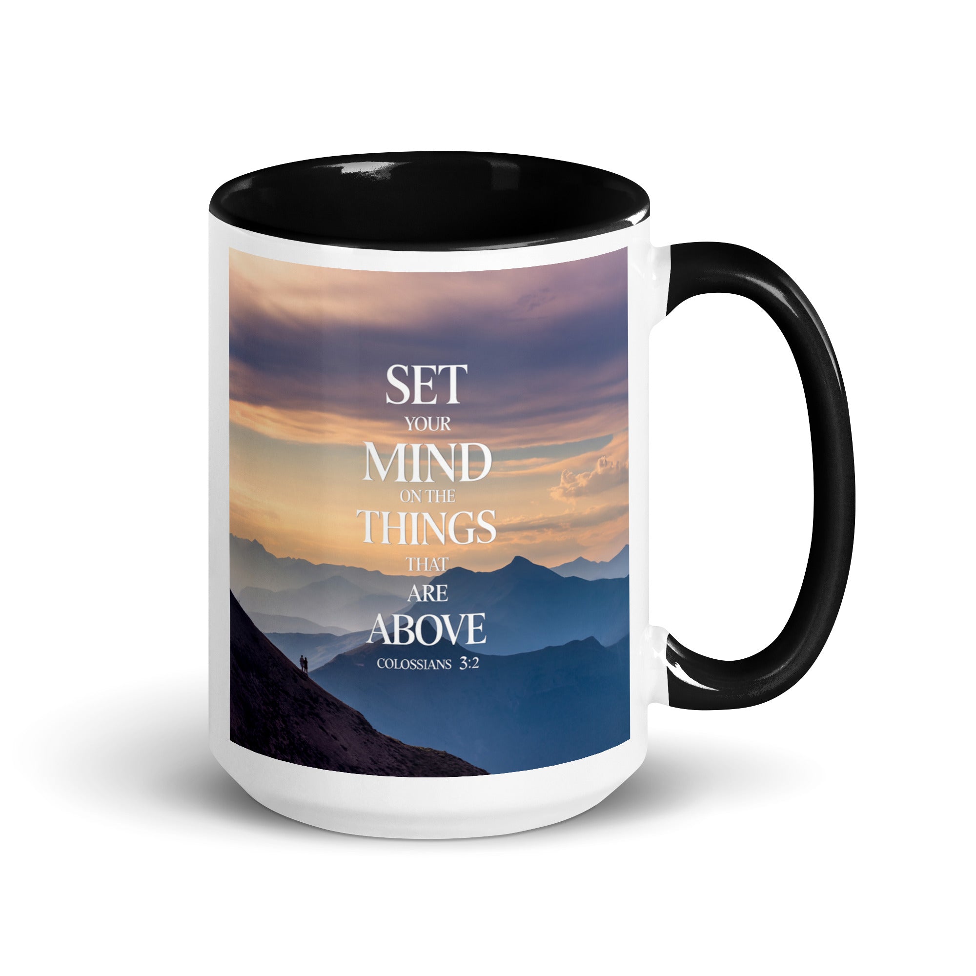Colossians 3:2 Bible Verse things that White Ceramic Mug with Color Inside Black 15 oz