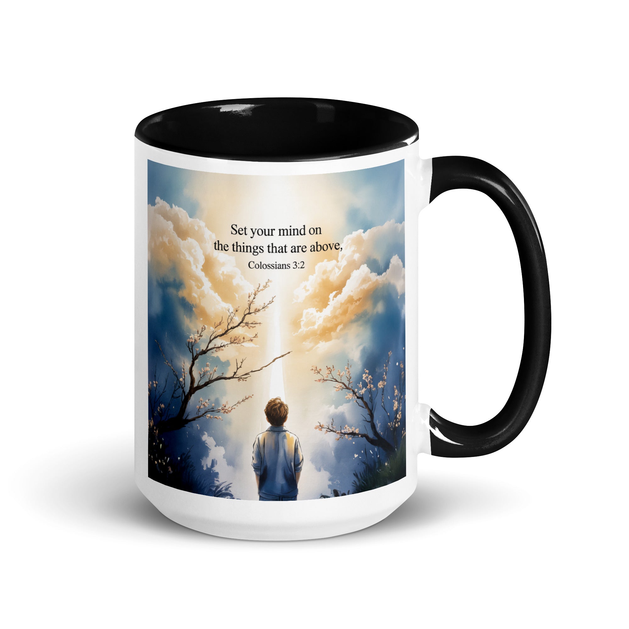 Colossians 3:2 Bible Verse the things White Ceramic Mug with Color Inside Black 15 oz