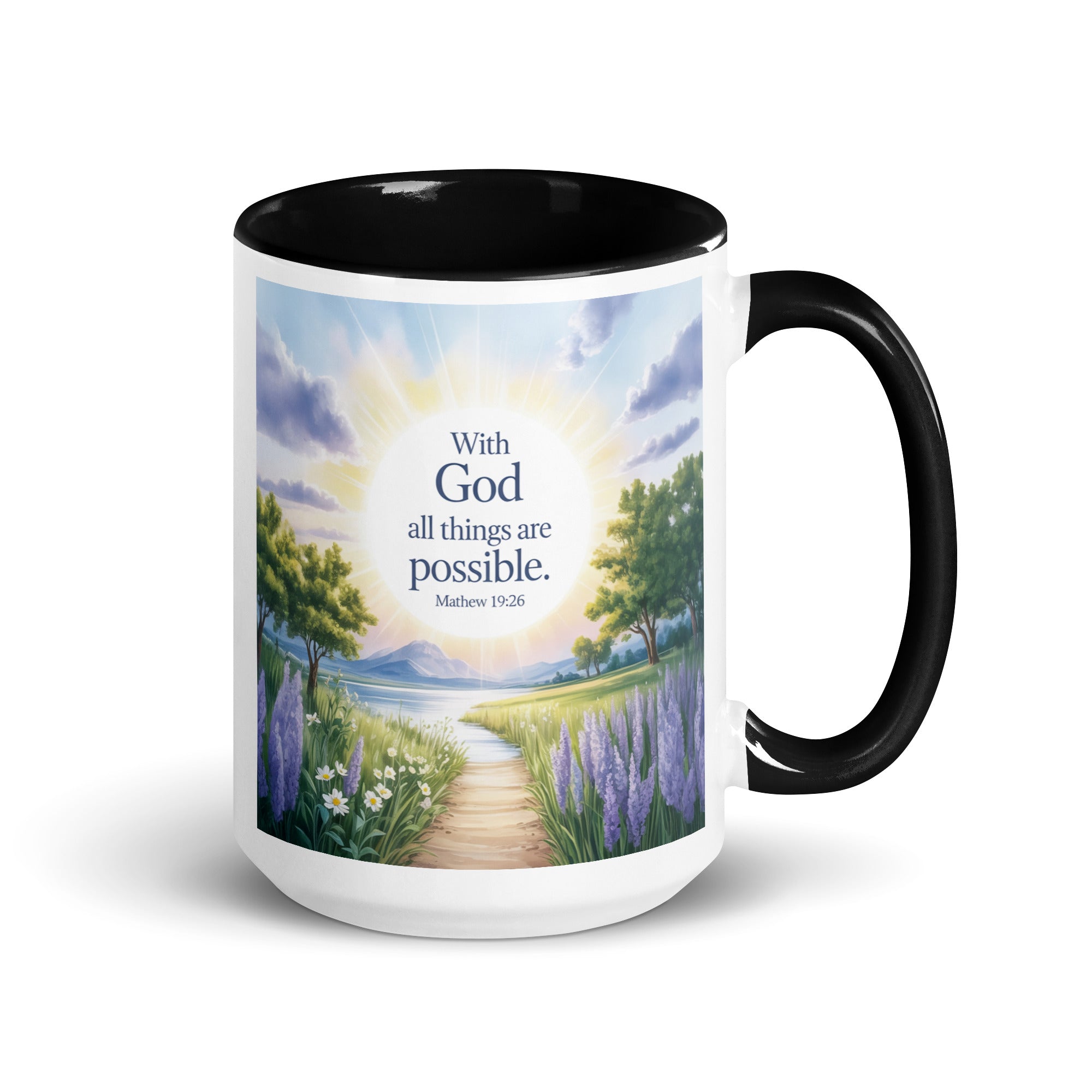 Matthew 19:26 Bible Verse Looking at White Ceramic Mug with Color Inside Black 15 oz