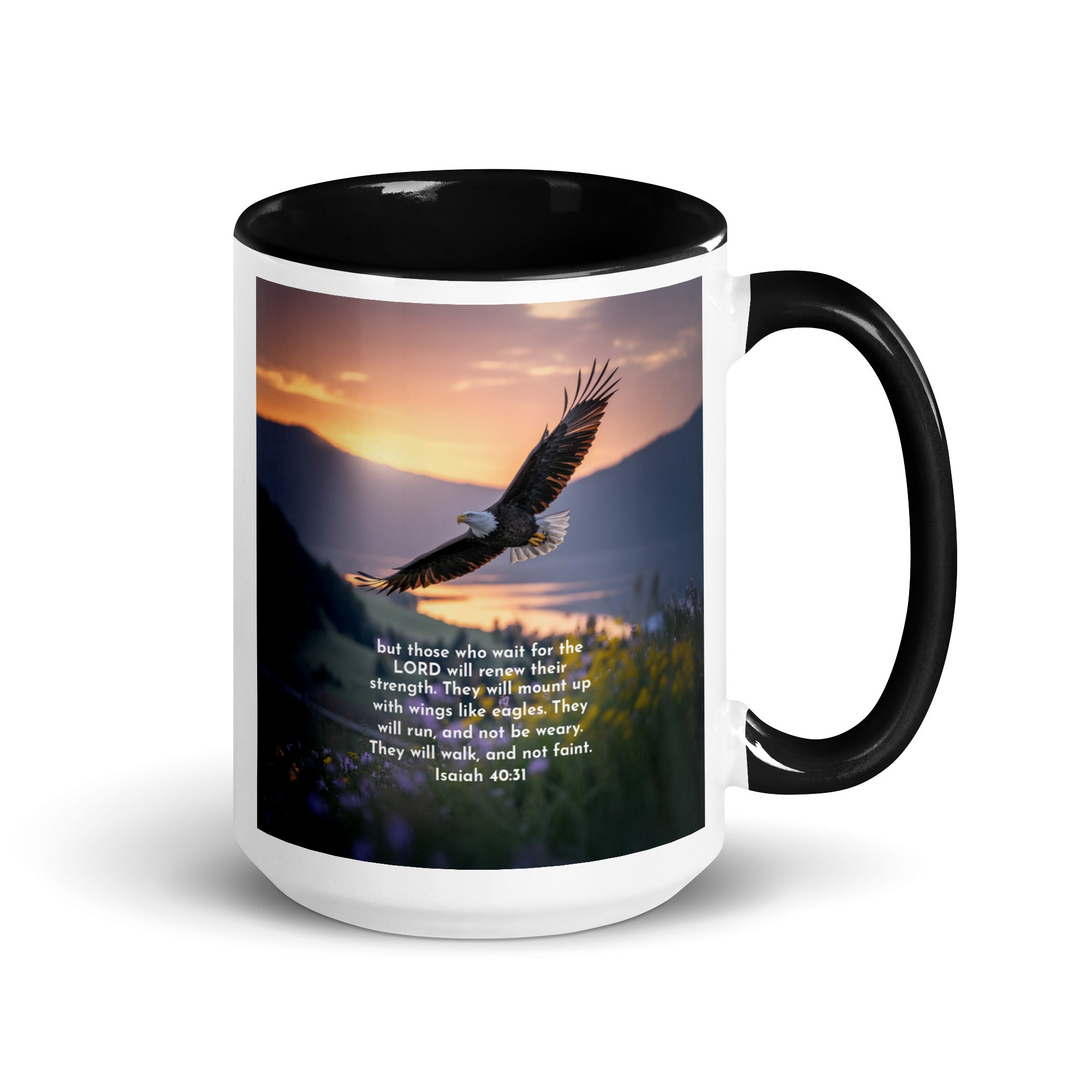 Isaiah 40:31 Bible Verse Renew Strength White Ceramic Mug with Color Inside Black 15 oz