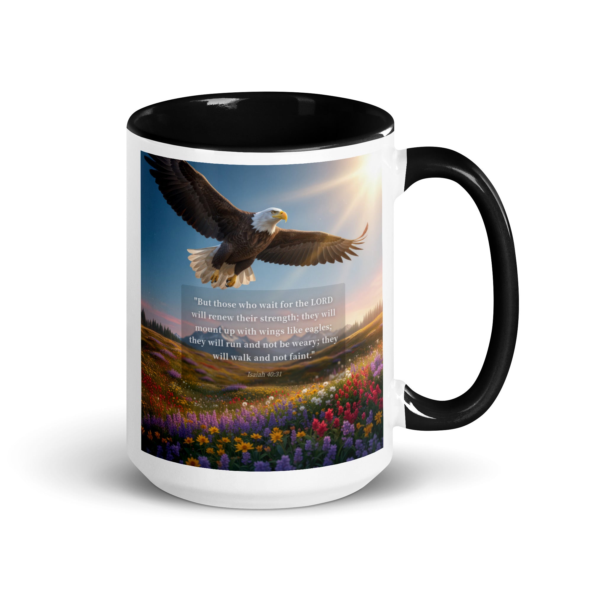Isaiah 40:31 Bible Verse Who Wait White Ceramic Mug with Color Inside Black 15 oz