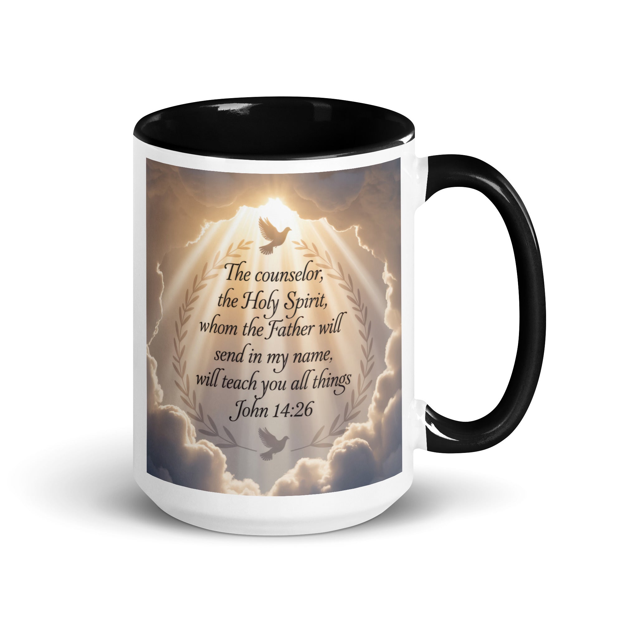 John 14:26 Bible Verse Counselor White Ceramic Mug with Color Inside Black 15 oz