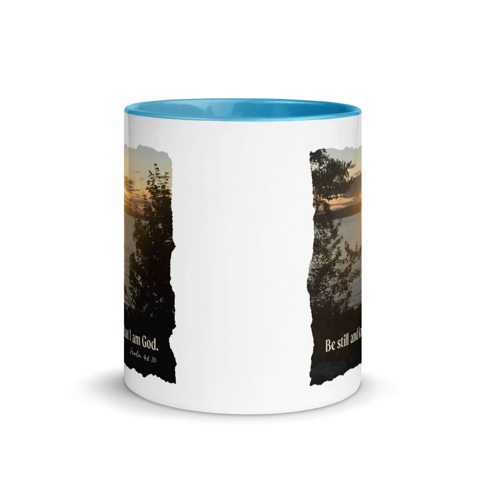 Psalm 46:10 Bible Verse, Sunset Glory White Ceramic Mug with Color Inside