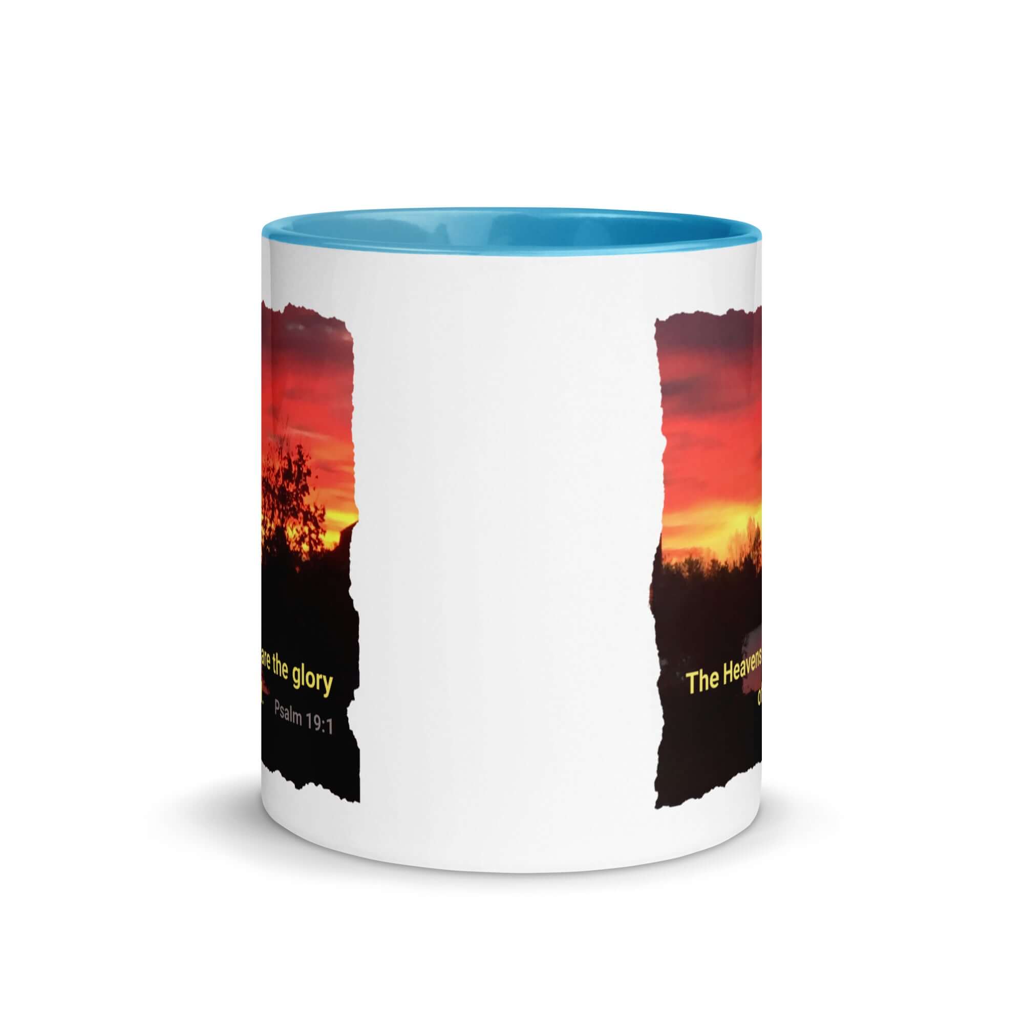 Psalm 19:1 Bible Verse, Sunset Glory White Ceramic Mug with Color Inside