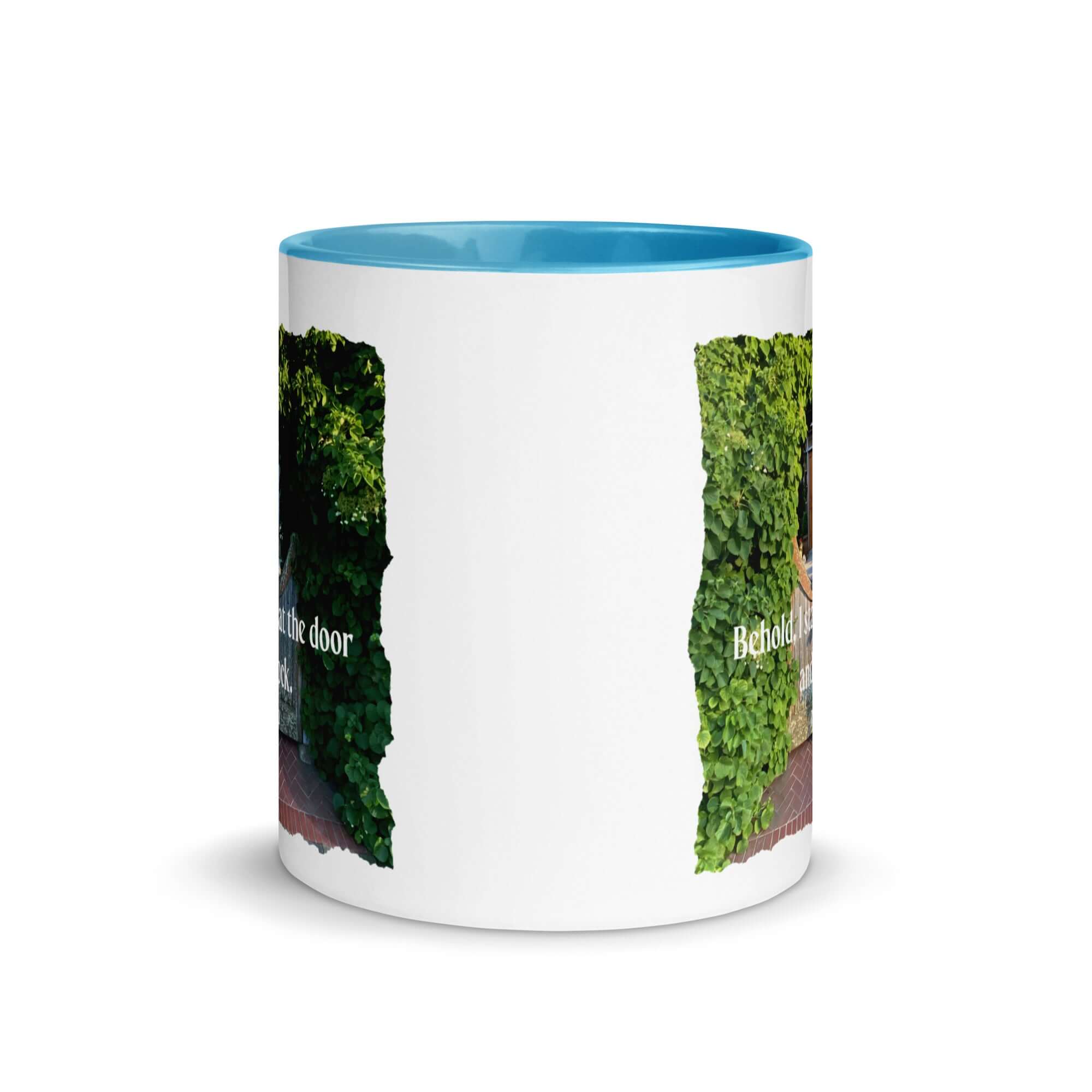Revelation 3:20 Bible Verse, Garden Doorway White Ceramic Mug with Color Inside