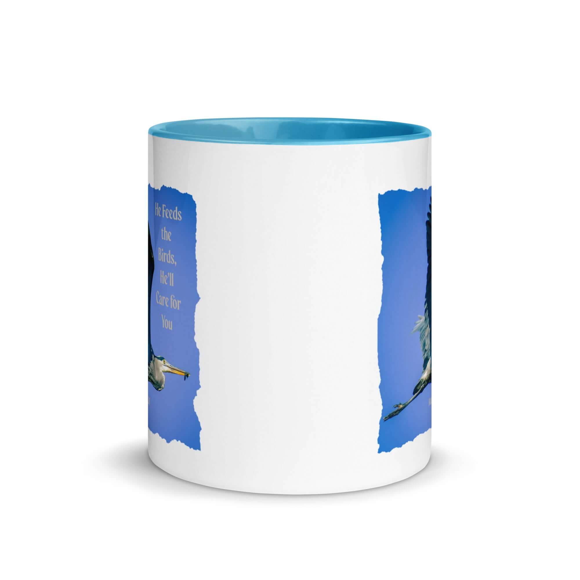 Matthew 6:26 Graceful Heron, He'll Care for You White Ceramic Mug with Color Inside