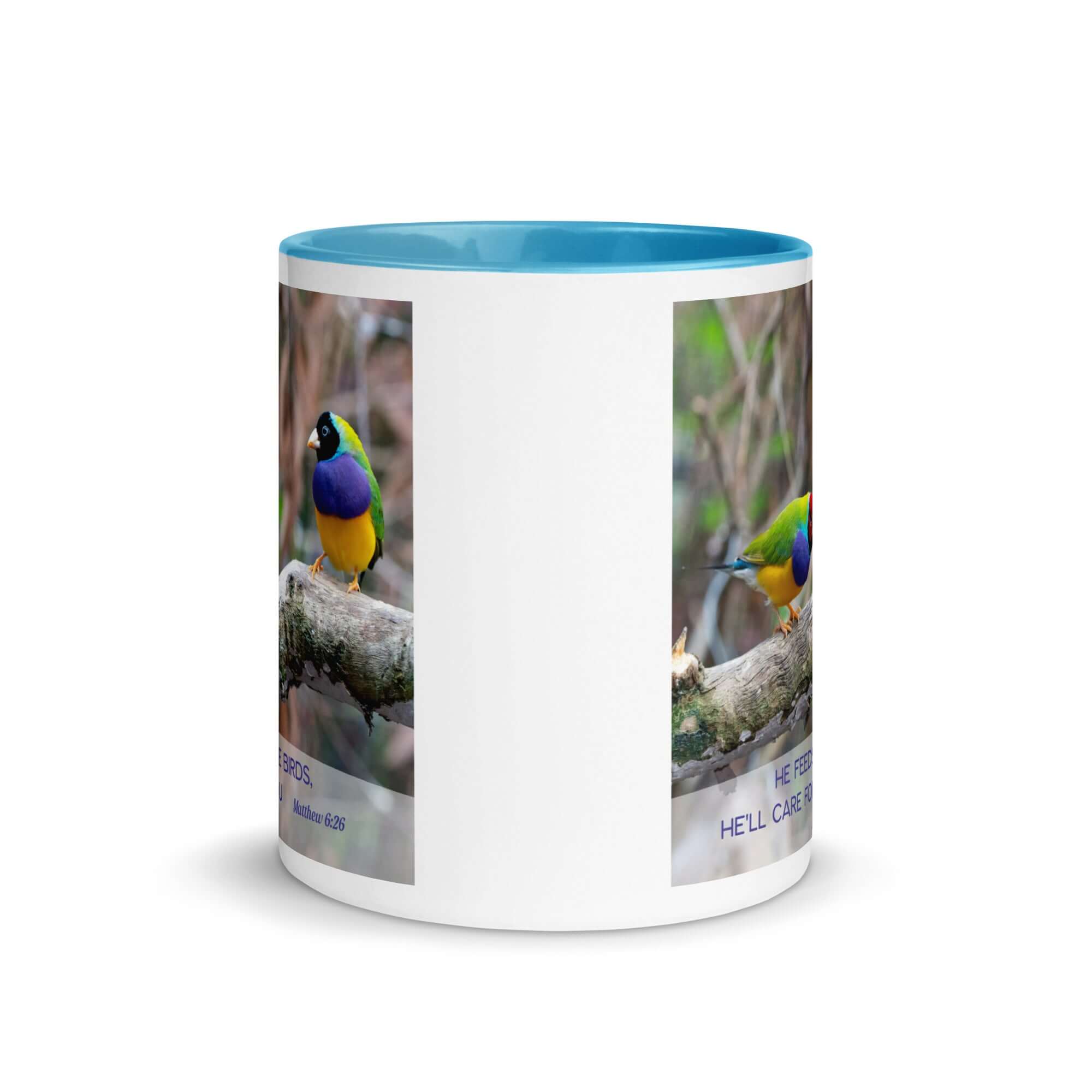 Matthew 6:26 Gouldian Finches, He'll Care for You White Ceramic Mug with Color Inside