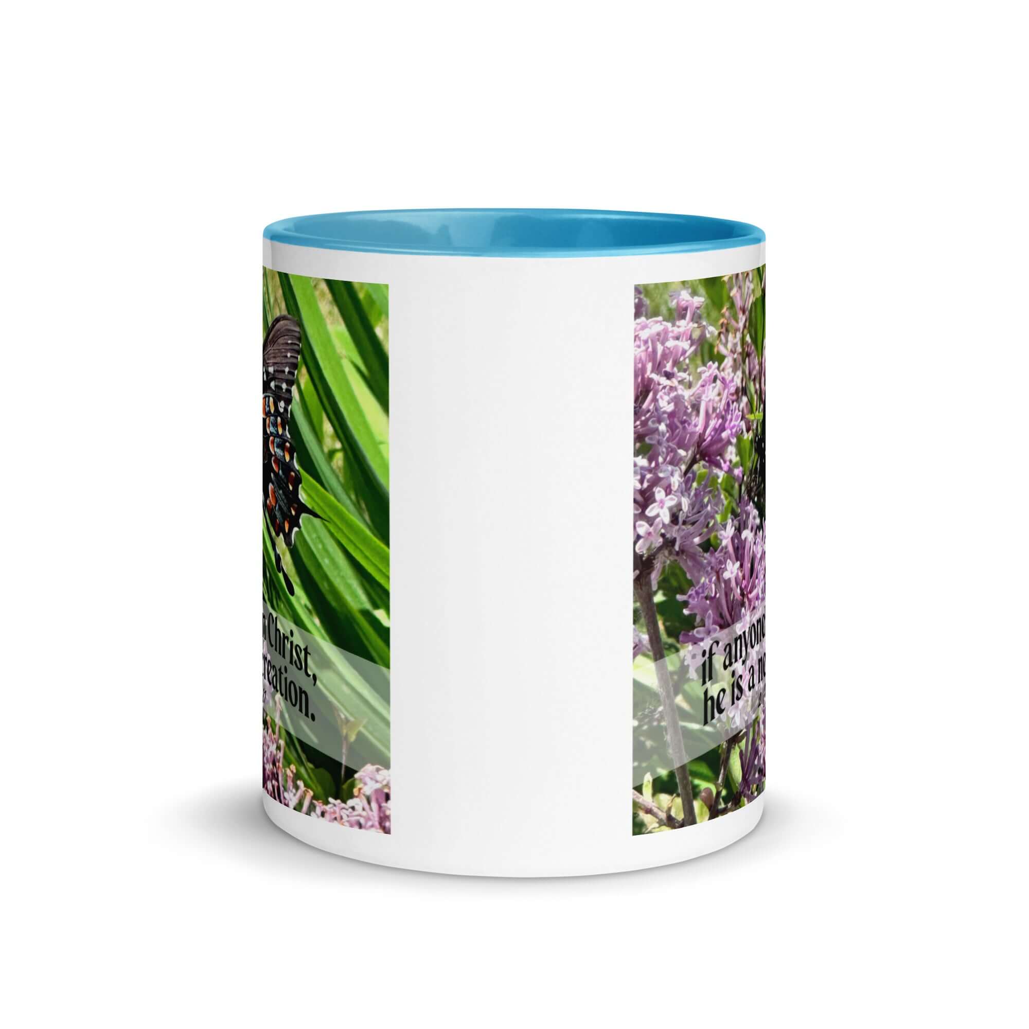 2 Corinthians 5:17 Bible Verse, Butterfly White Ceramic Mug with Color Inside