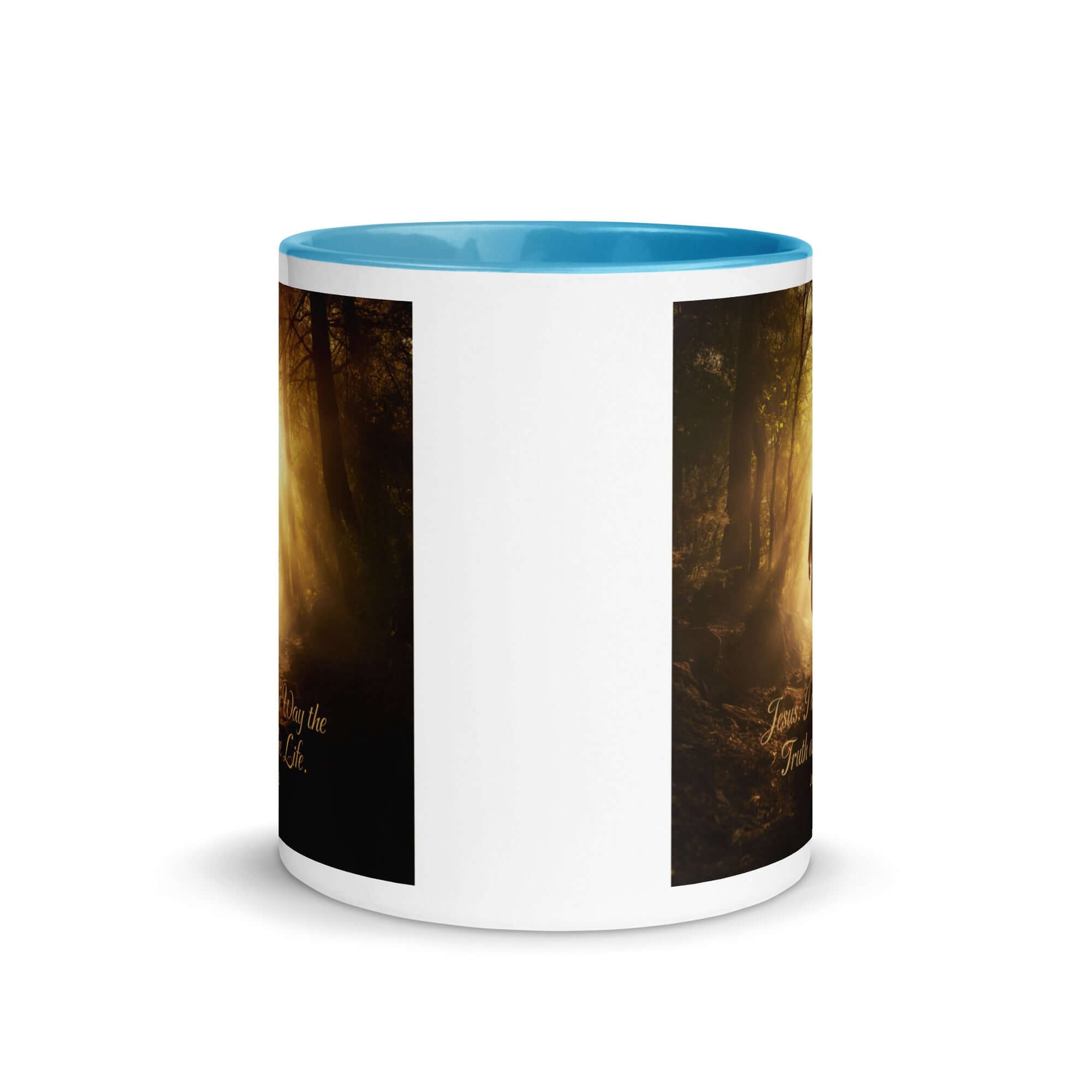 John 14:6 Bible Verse, Forest Image White Ceramic Mug with Color Inside