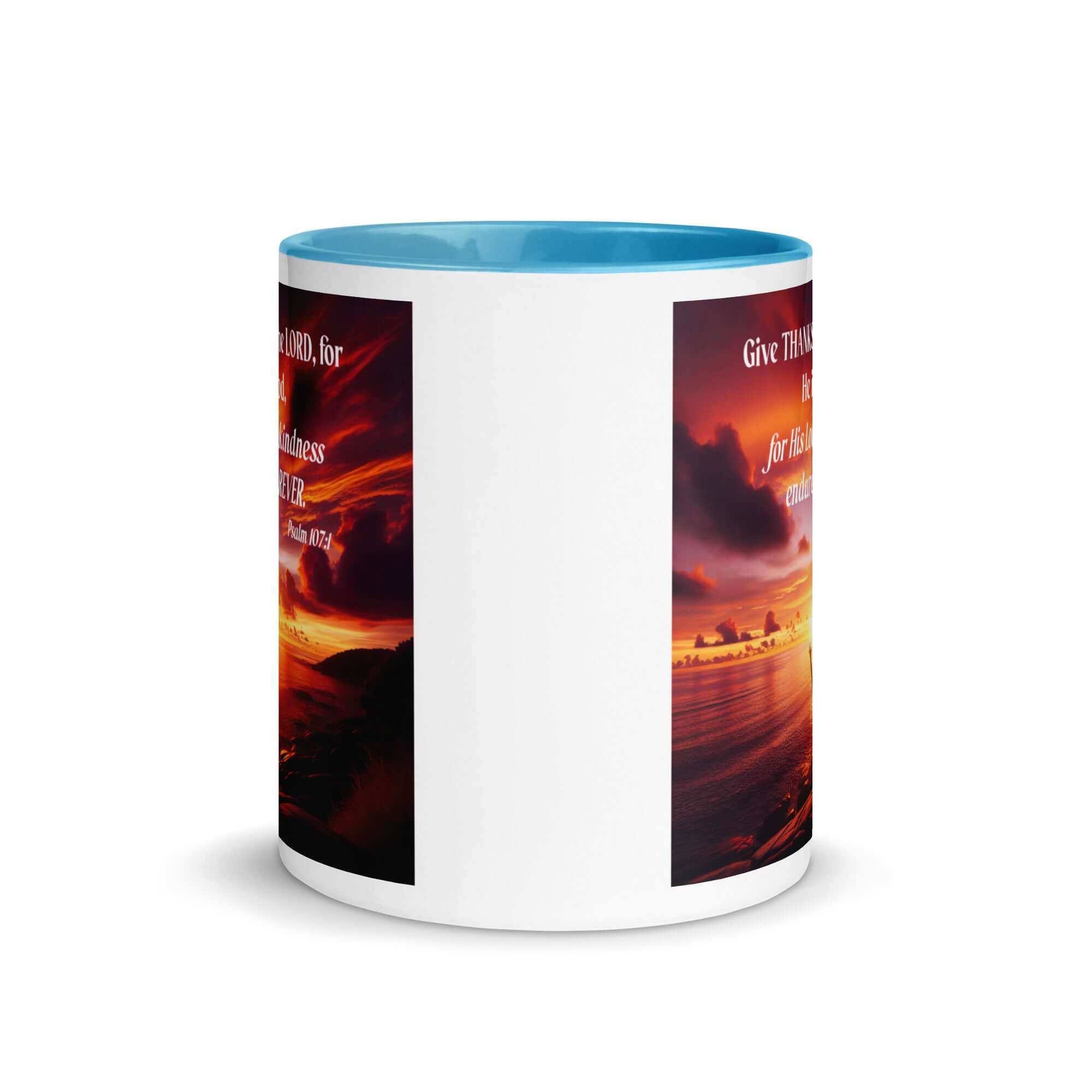 Psalm 107:1 Bible Verse, Give Thanks to the Lord White Ceramic Mug with Color Inside