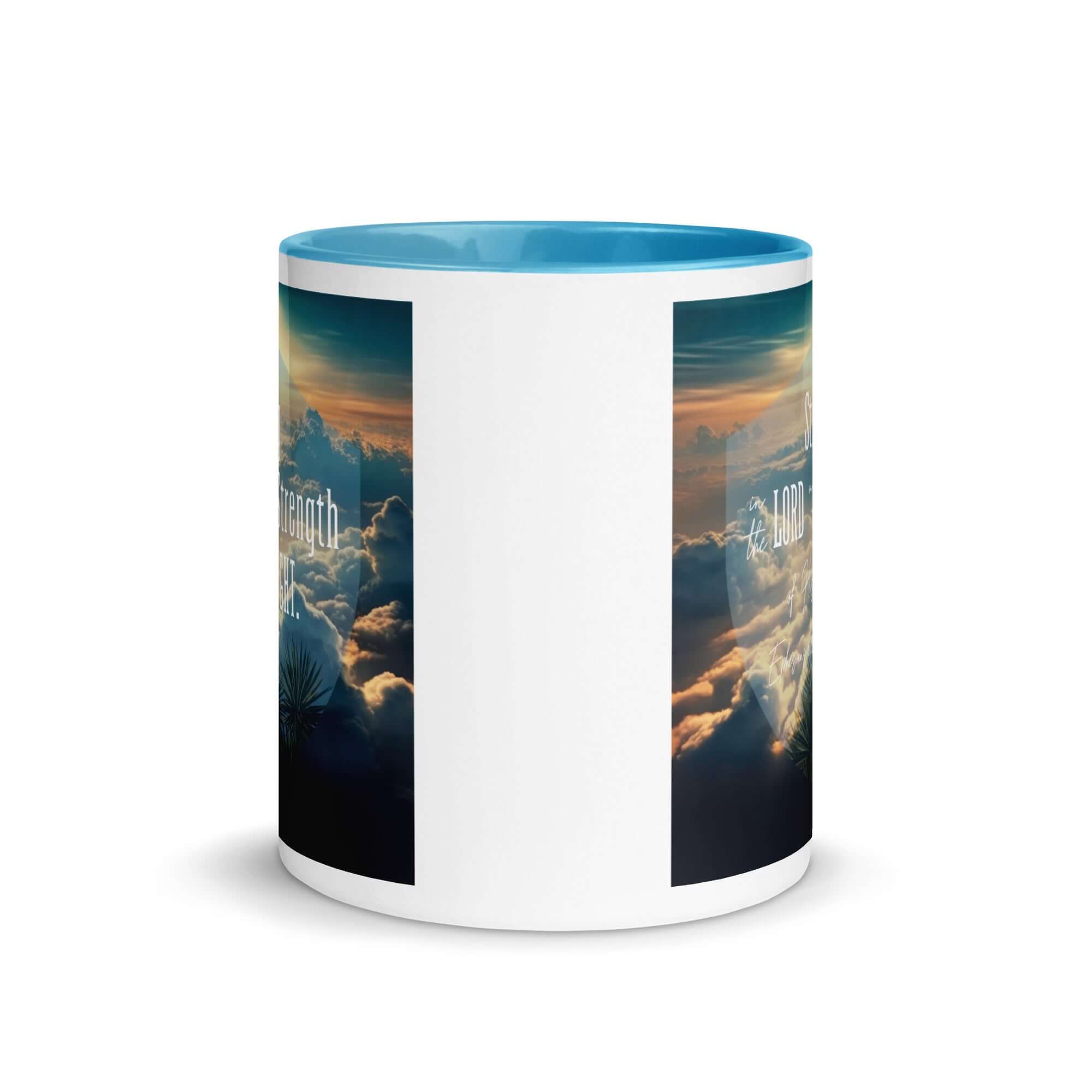 Ephesians 6:10 Bible Verse, be strong in the Lord White Ceramic Mug with Color Inside
