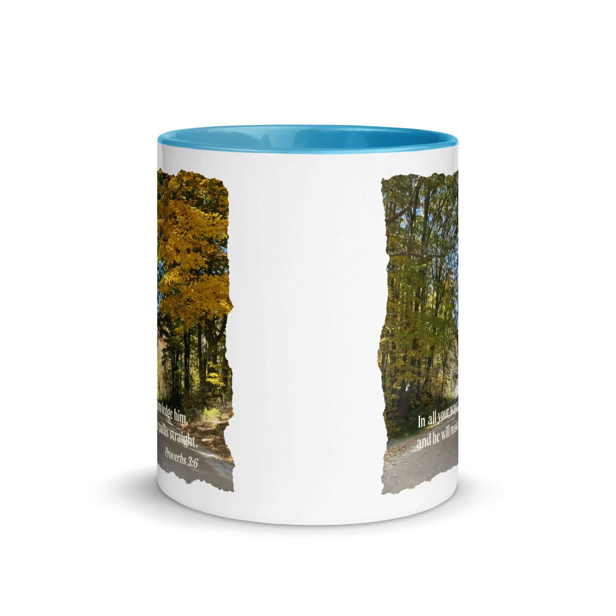 Proverbs 3:6 Bible Verse, Fall Road White Ceramic Mug with Color Inside