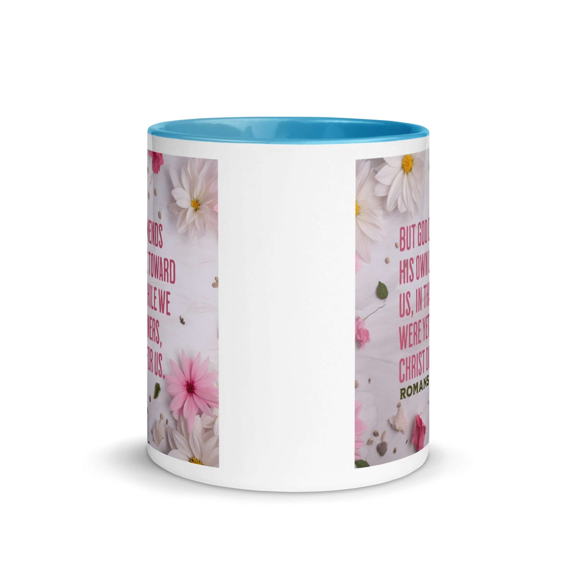 Romans 5:8 Bible Verse, Christ Died for Us White Ceramic Mug with Color Inside