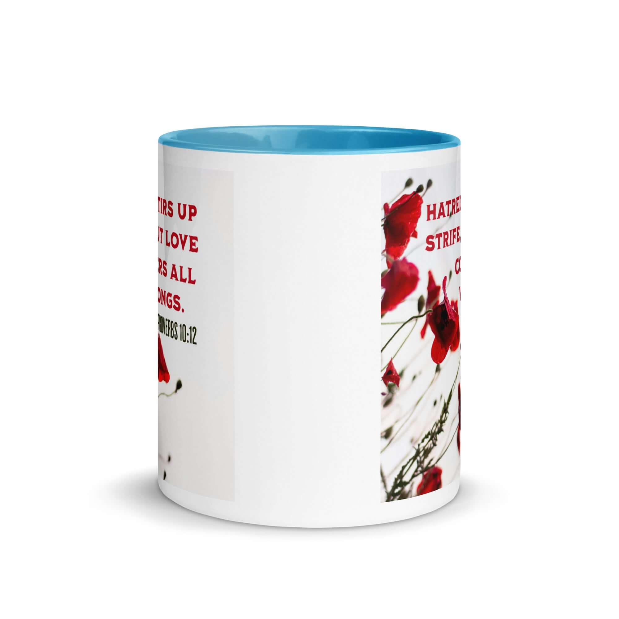 Proverbs 10:12 Bible Verse, Love Covers All White Ceramic Mug with Color Inside
