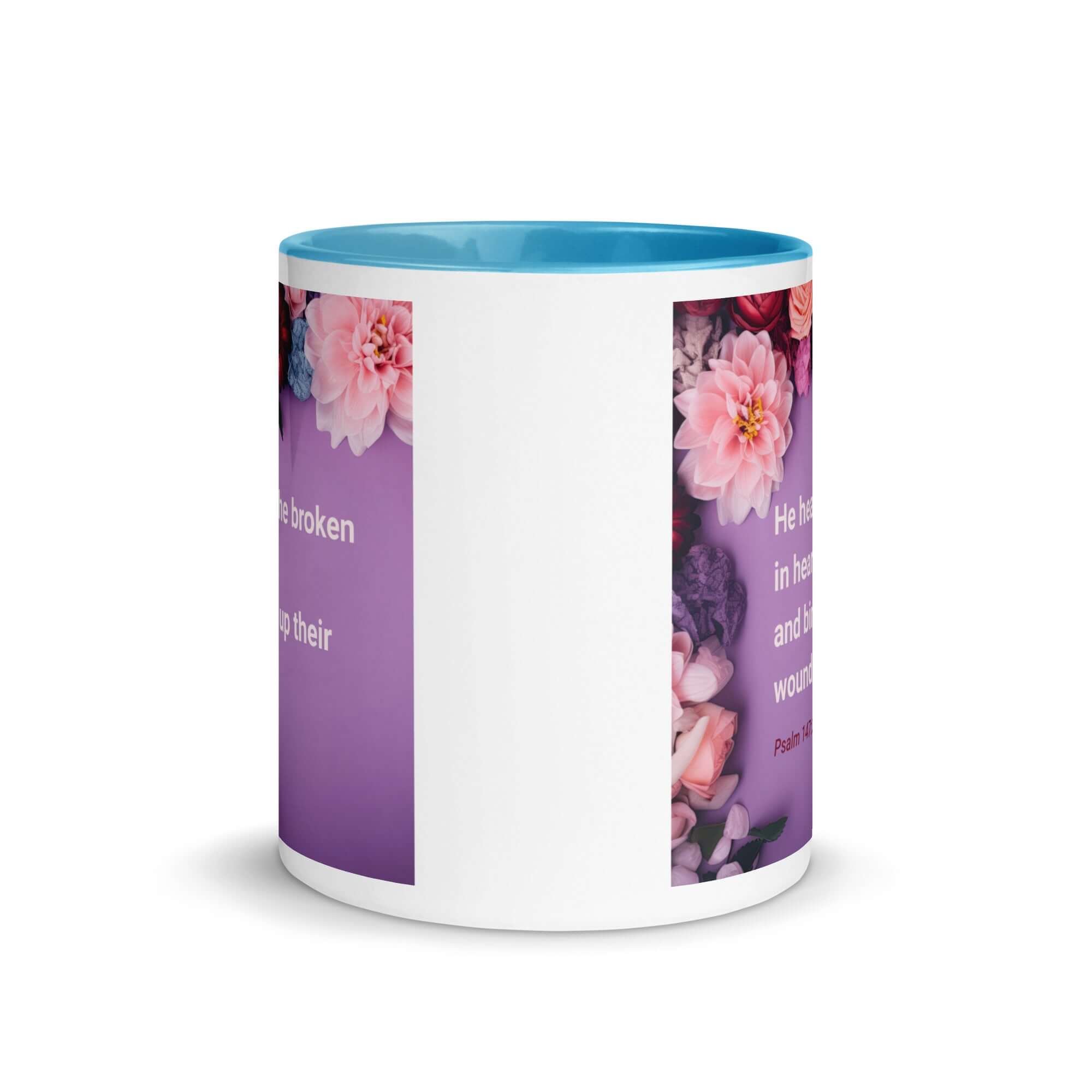 Psalm 147:3 Bible Verse, He heals the broken White Ceramic Mug with Color Inside