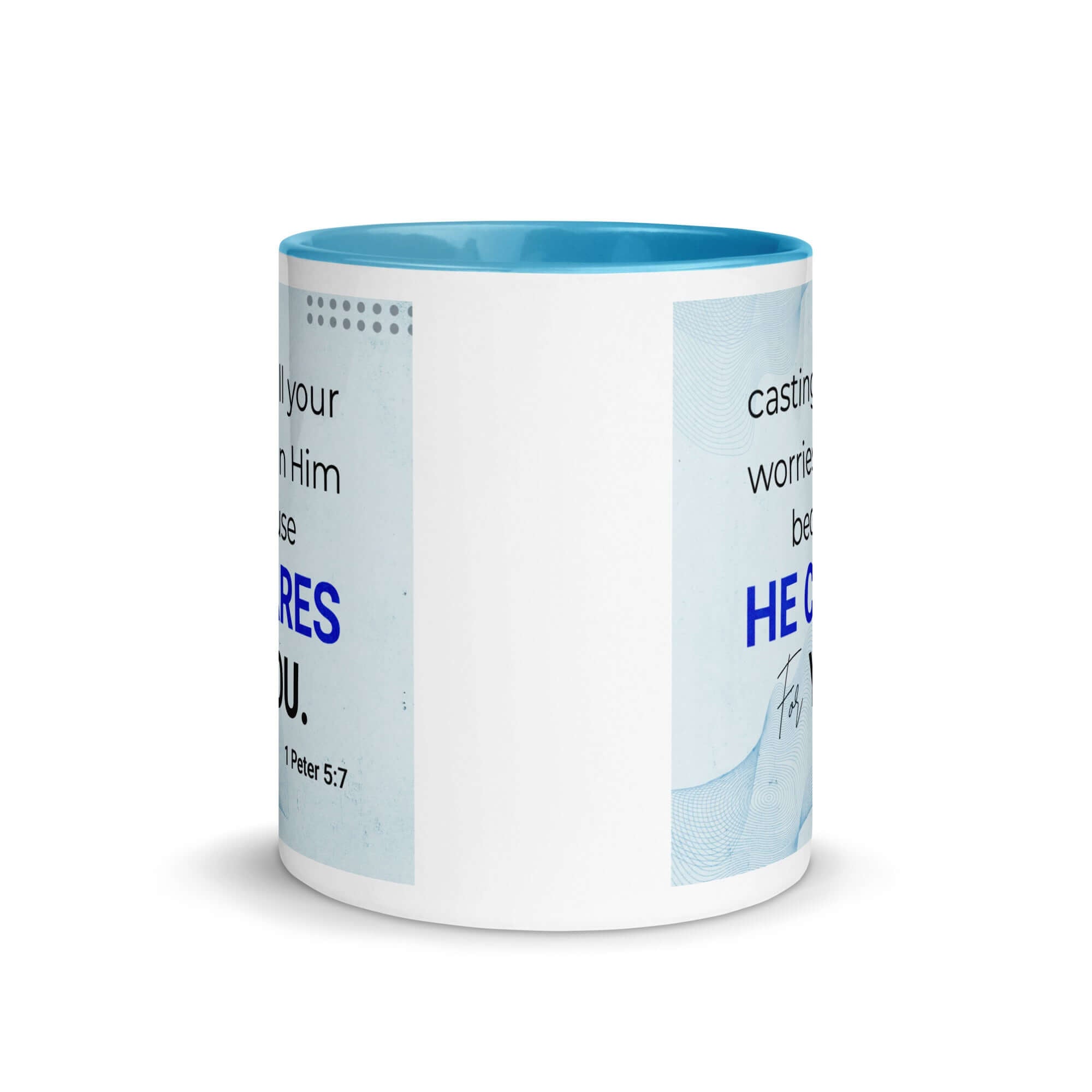 1 Peter 5:7 Bible Verse, casting all your worries on Him White Ceramic Mug with Color Inside