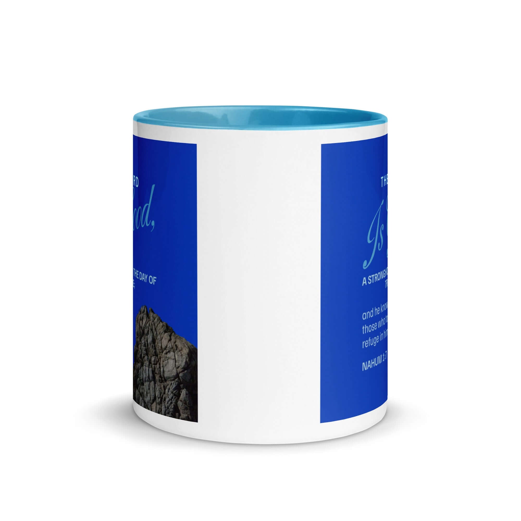 Nahum 1:7 Bible Verse, The LORD is a stronghold White Ceramic Mug with Color Inside