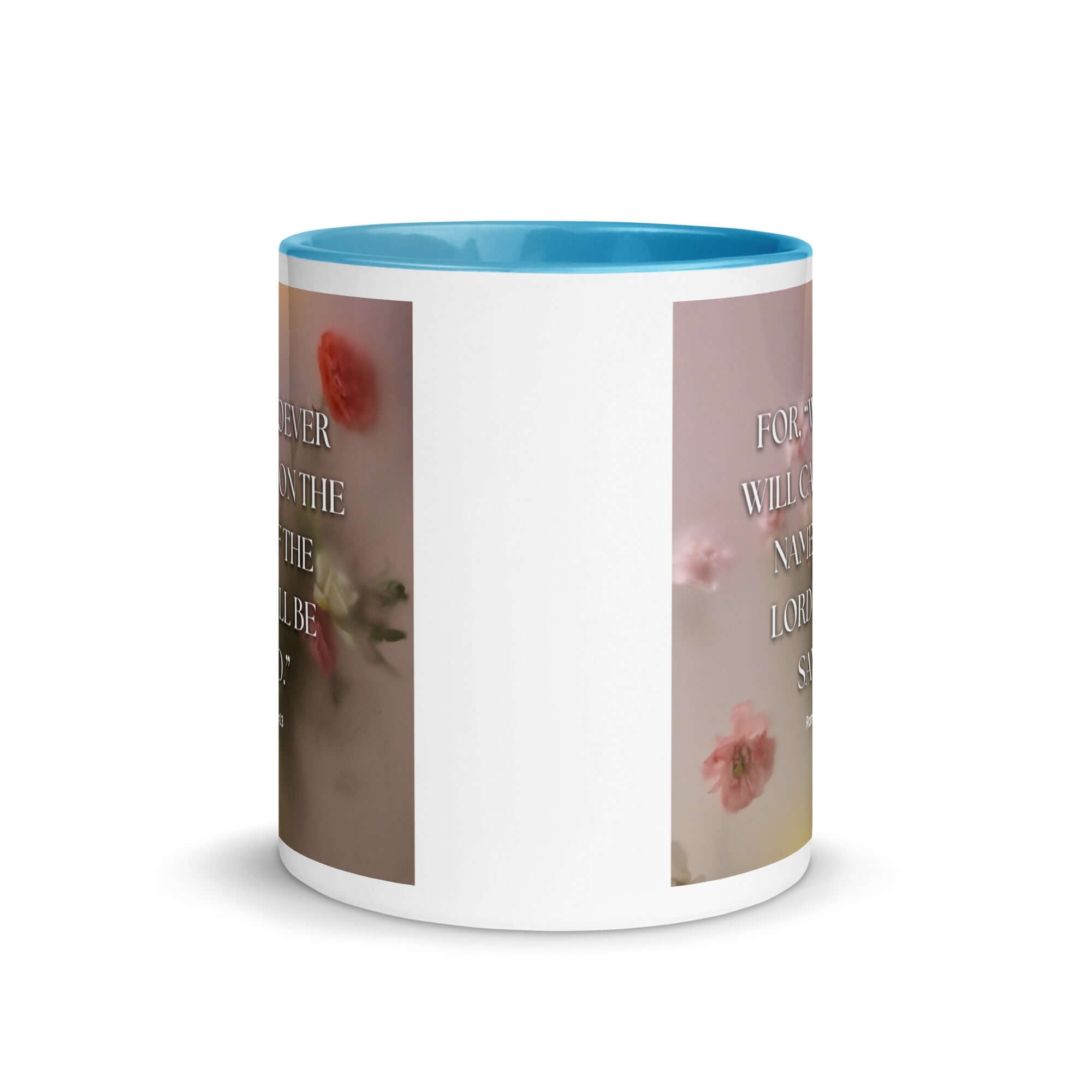 Romans 10:13 Bible Verse, will call White Ceramic Mug with Color Inside