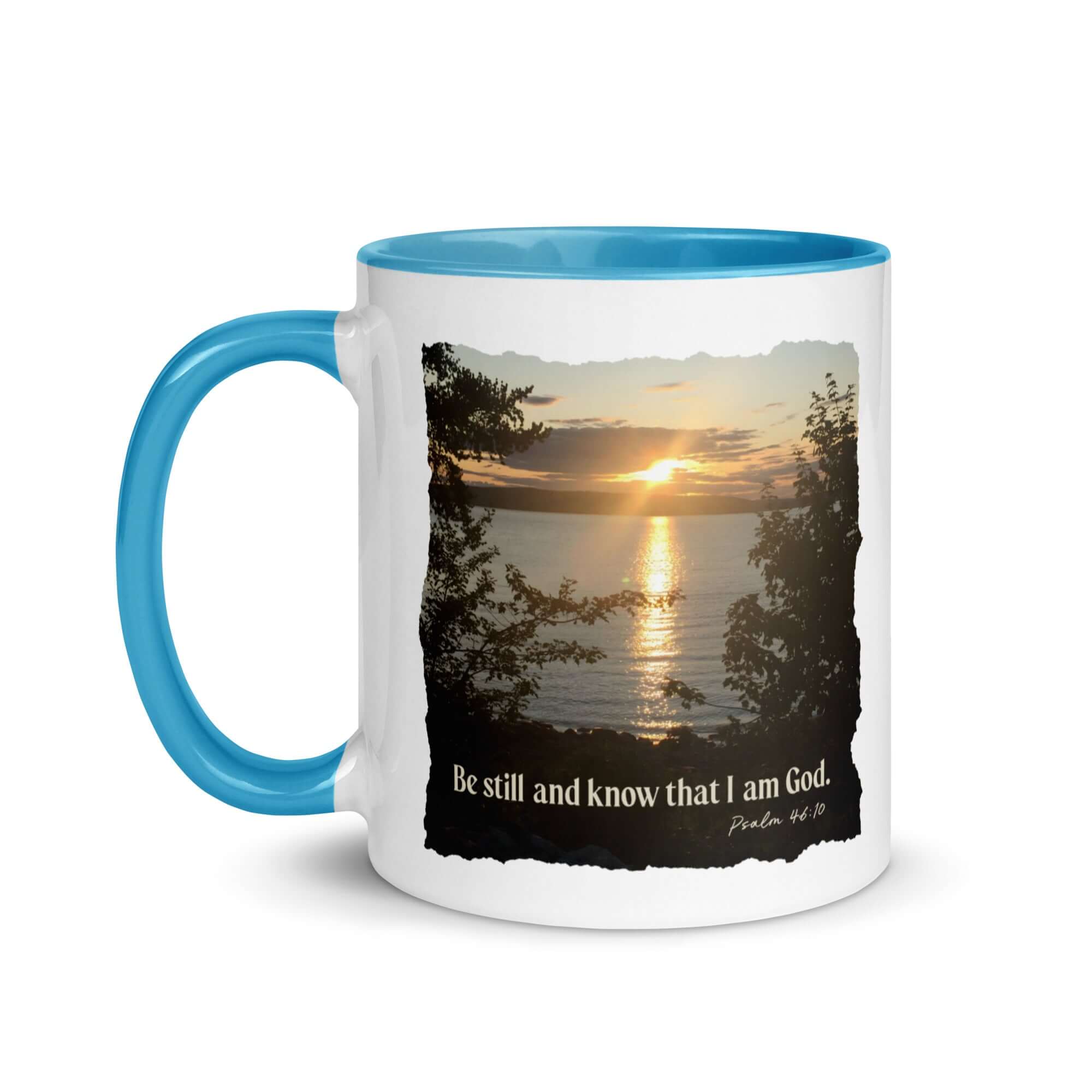 Psalm 46:10 Bible Verse, Sunset Glory White Ceramic Mug with Color Inside