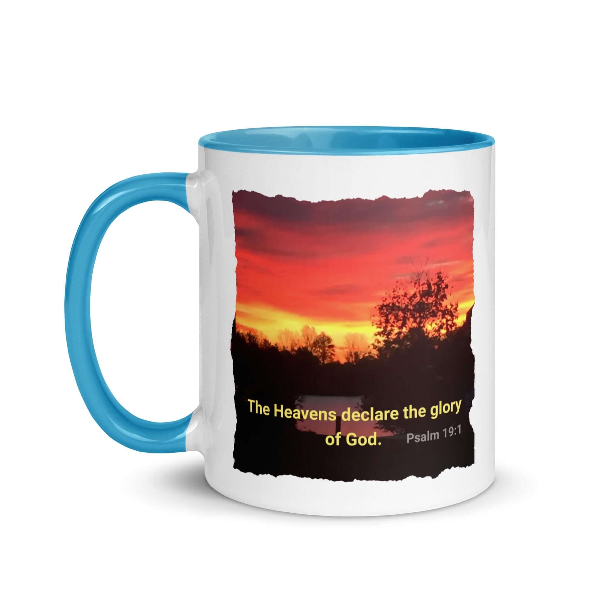 Psalm 19:1 Bible Verse, Sunset Glory White Ceramic Mug with Color Inside