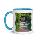 Revelation 3:20 Bible Verse, Garden Doorway White Ceramic Mug with Color Inside
