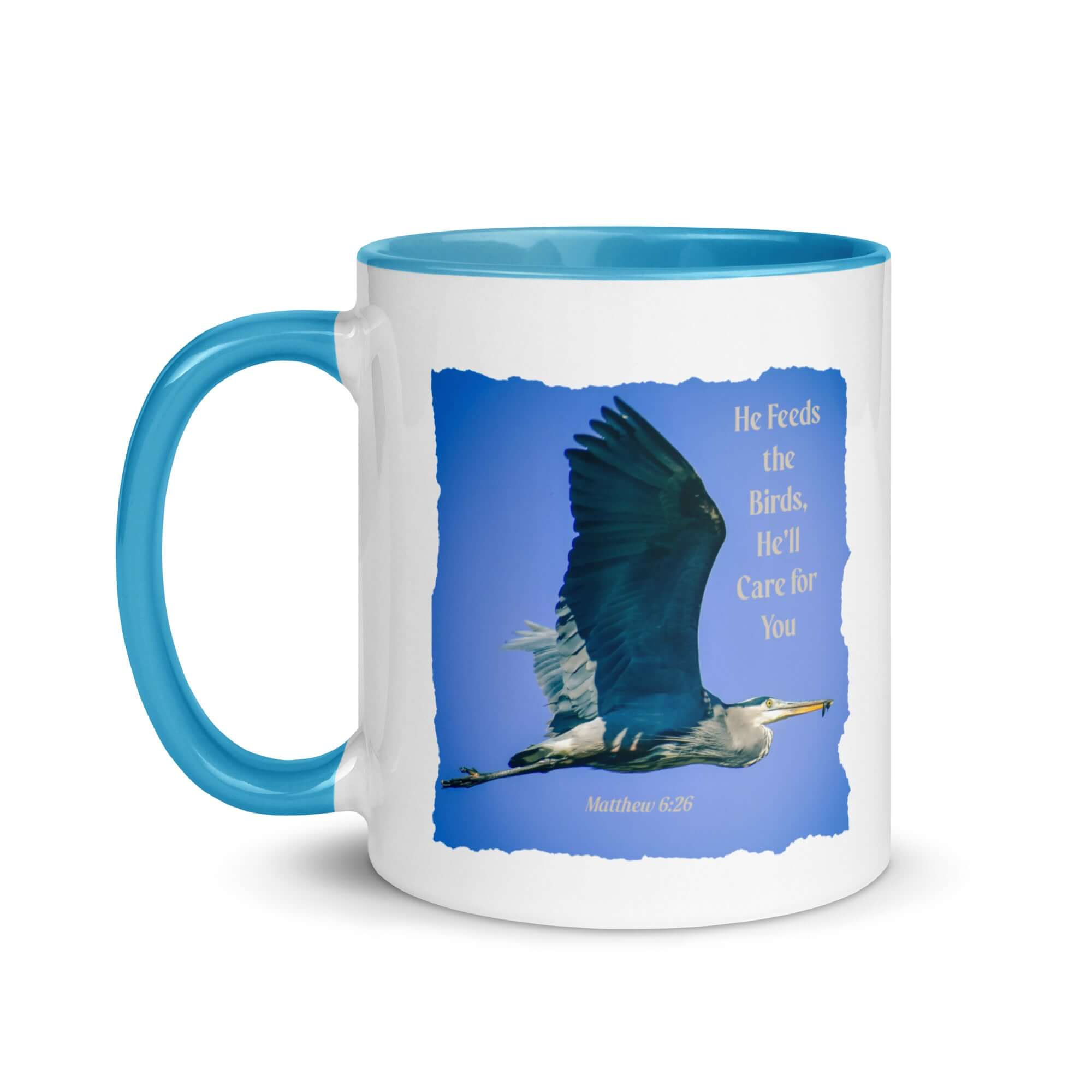 Matthew 6:26 Graceful Heron, He'll Care for You White Ceramic Mug with Color Inside