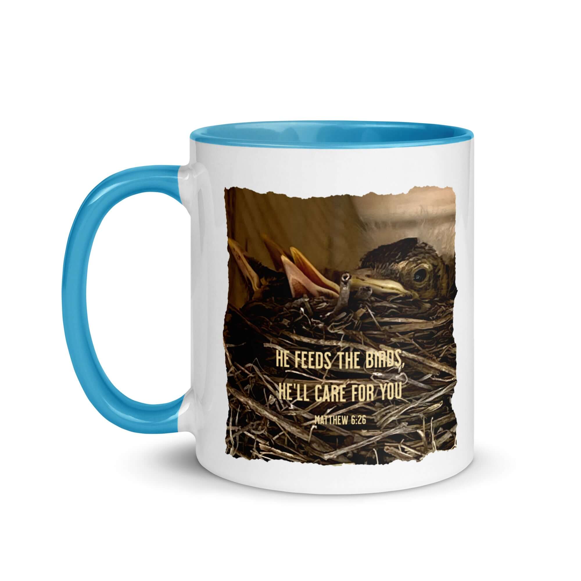 Matthew 6:26 Baby Robins, He'll Care for You White Ceramic Mug with Color Inside