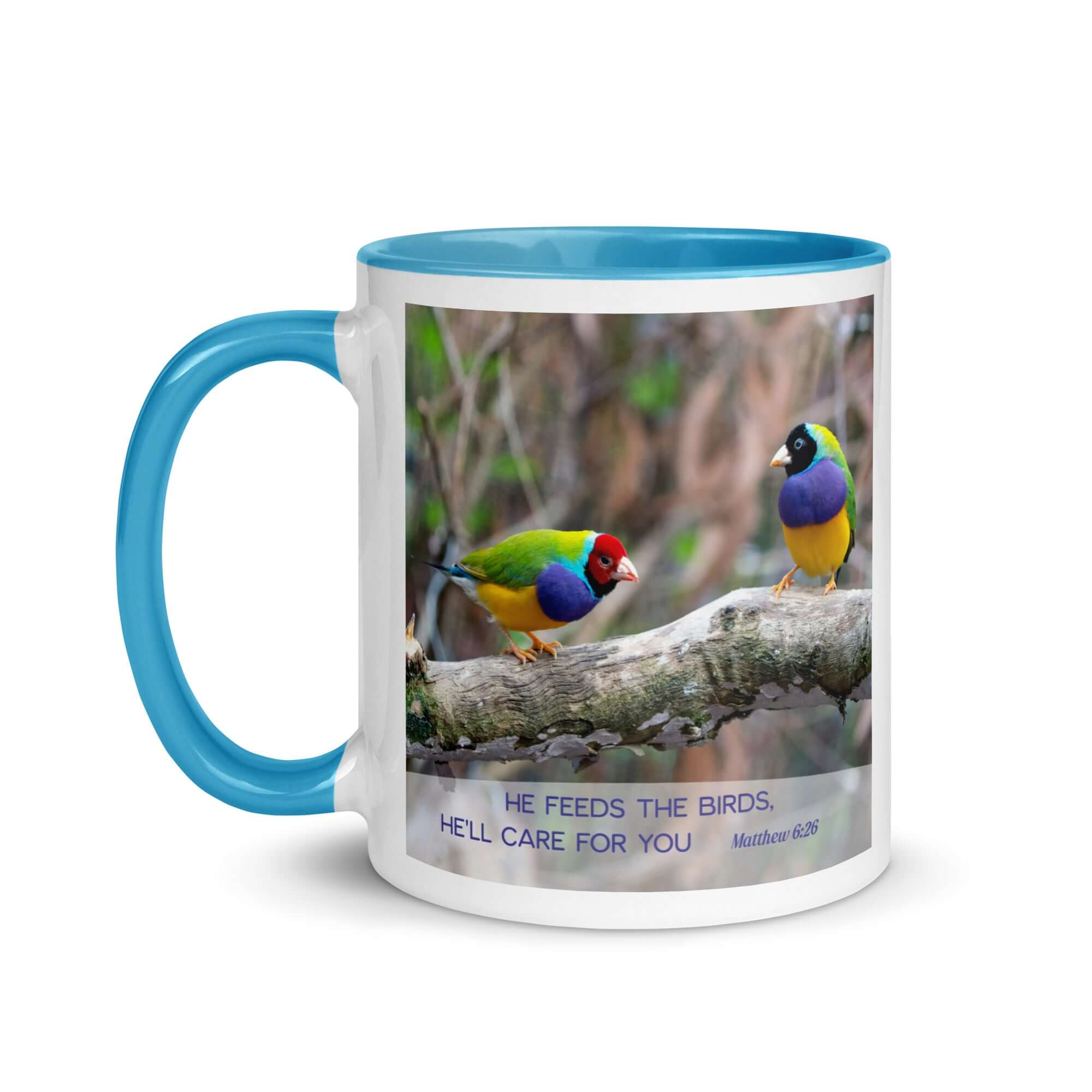 Matthew 6:26 Gouldian Finches, He'll Care for You White Ceramic Mug with Color Inside
