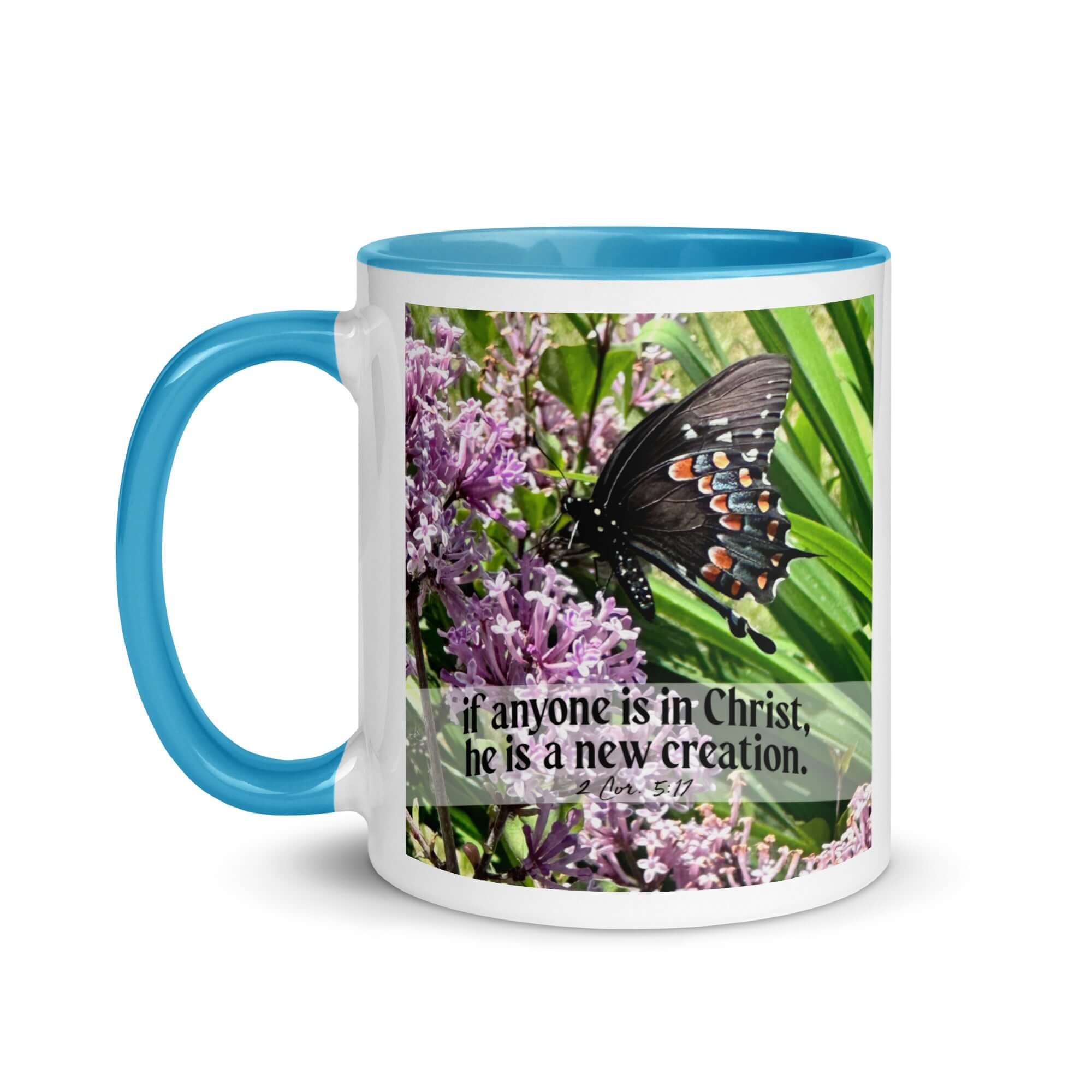 2 Corinthians 5:17 Bible Verse, Butterfly White Ceramic Mug with Color Inside